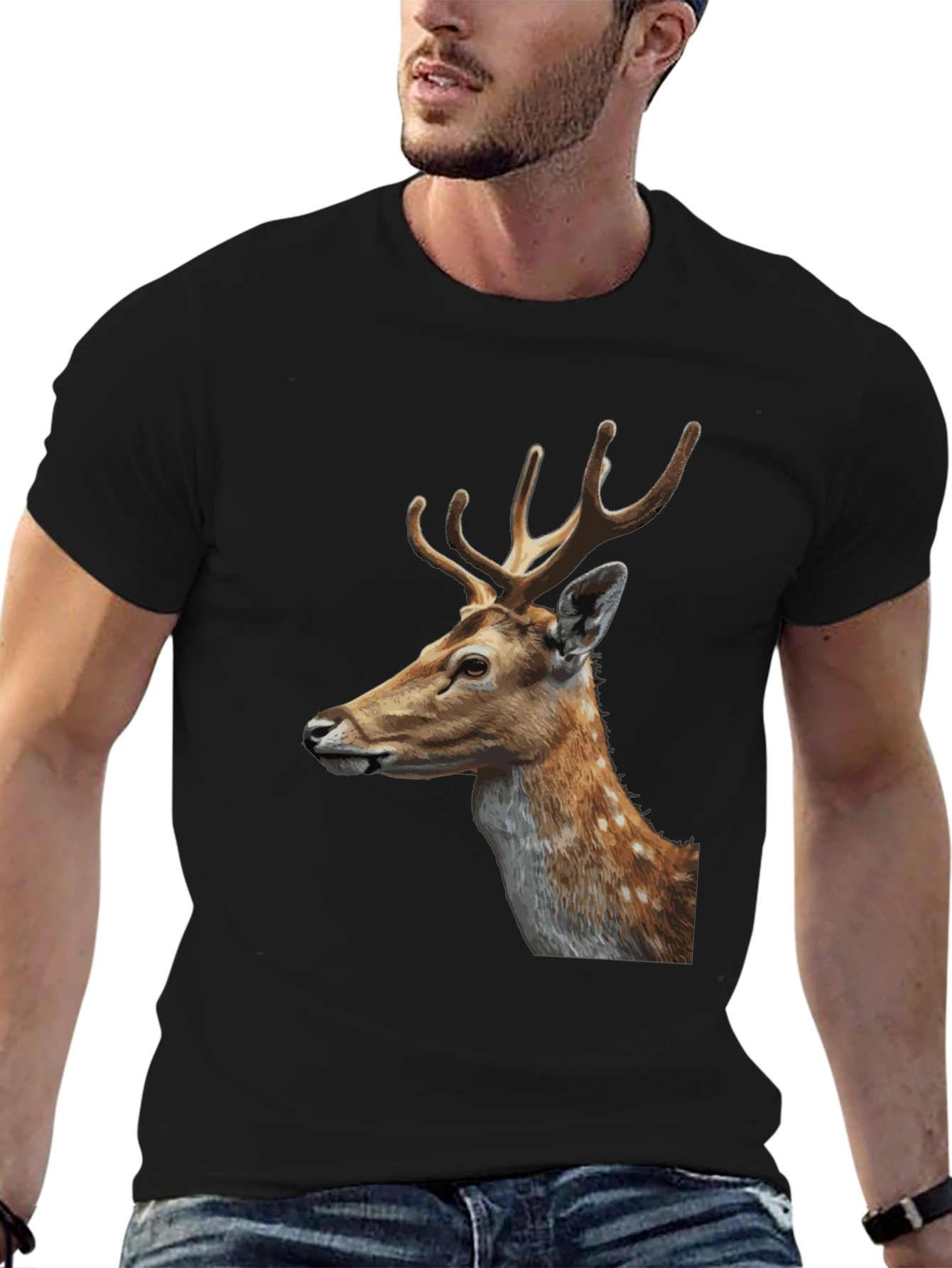Deer Graphic Tee - Black Cotton Animal Print T-Shirt