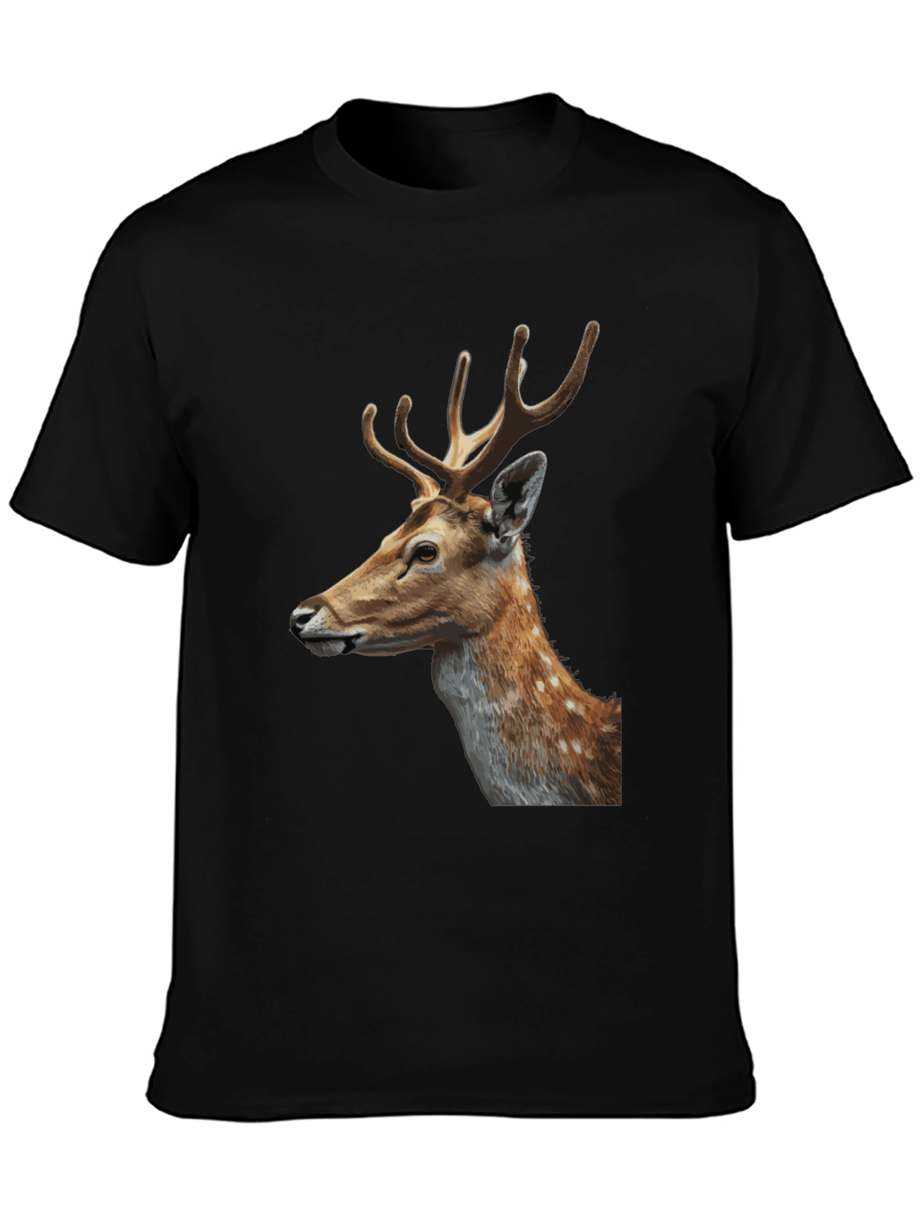 Deer Graphic Tee - Black Cotton Animal Print T-Shirt