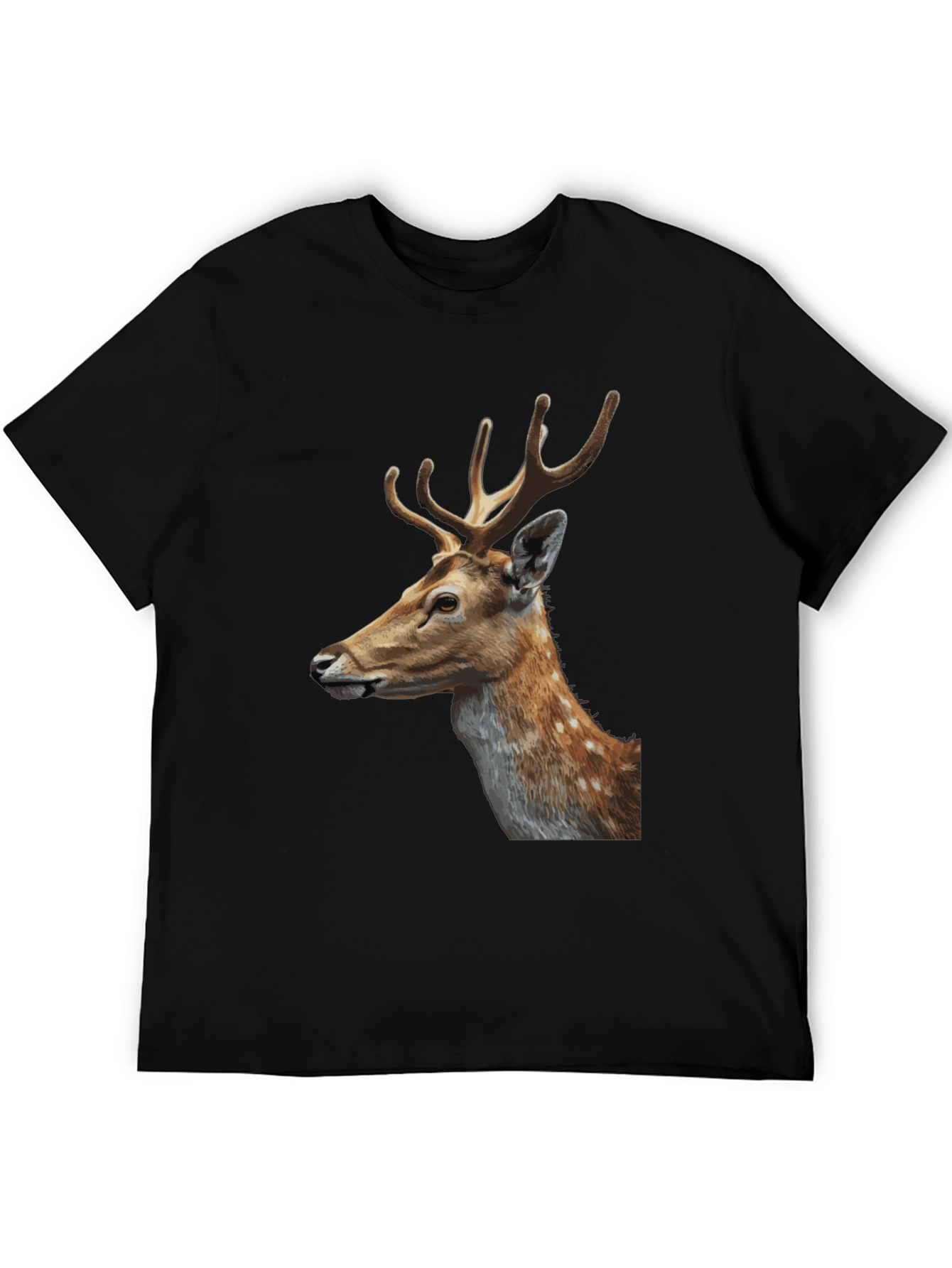 Deer Graphic Tee - Black Cotton Animal Print T-Shirt