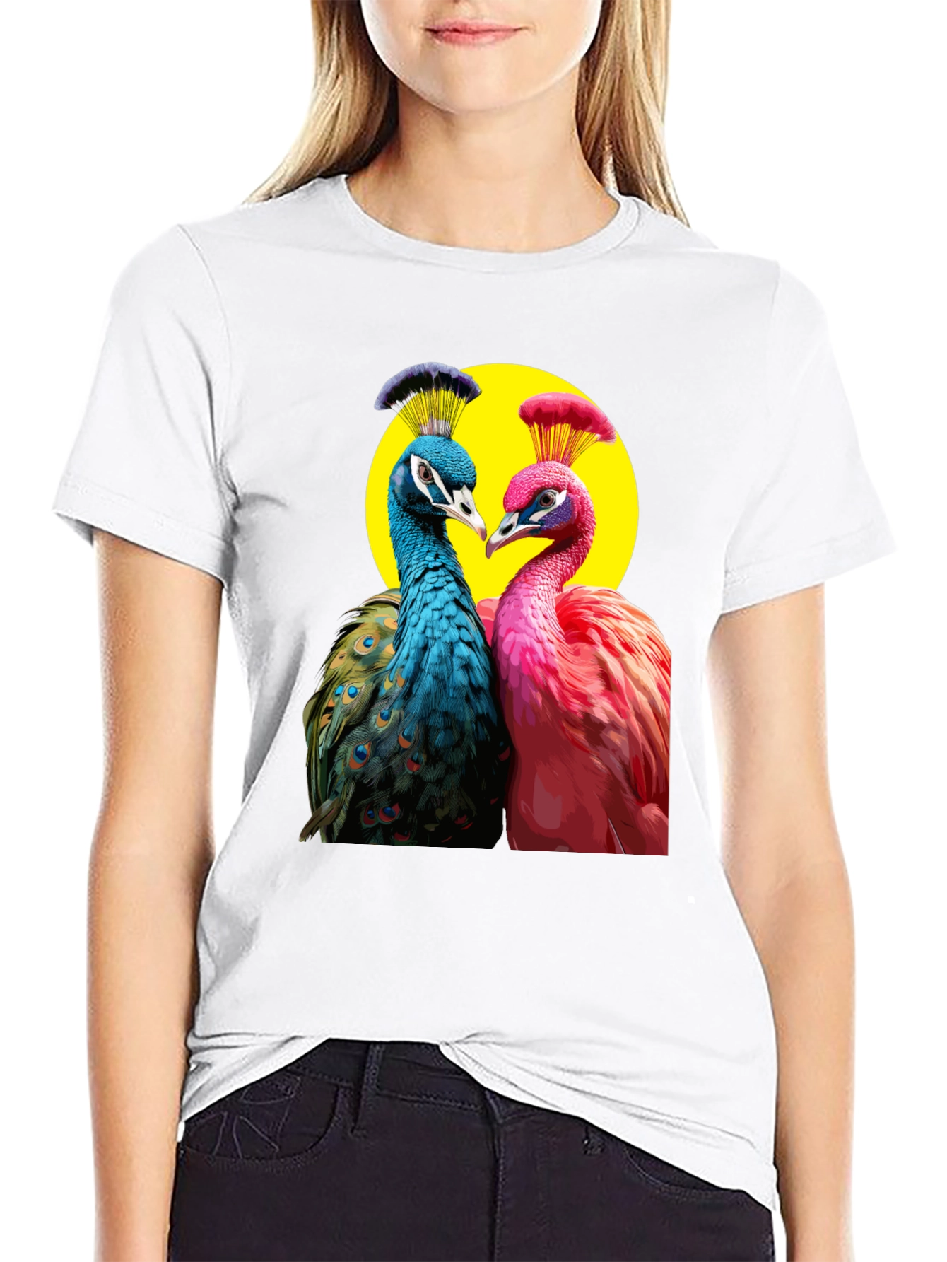 Peacock Couple Graphic Tee - Black Cotton T-Shirt