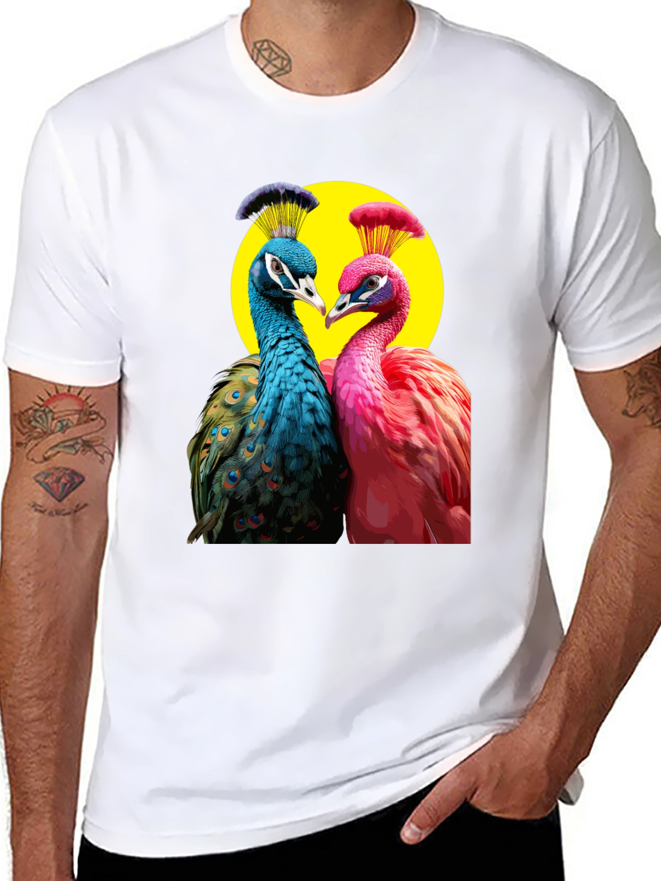 Peacock Couple Graphic Tee - Black Cotton T-Shirt