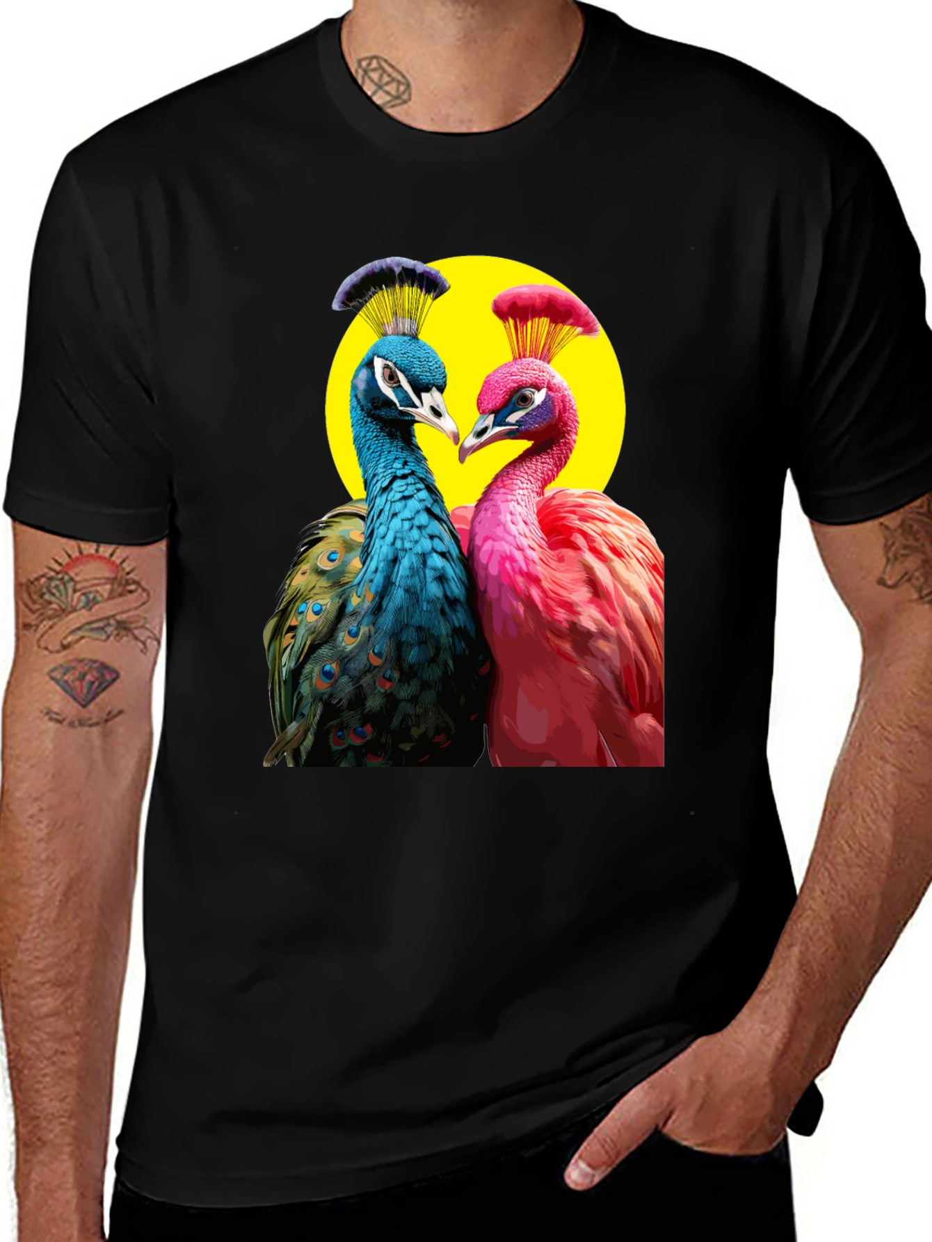 Peacock Couple Graphic Tee - Black Cotton T-Shirt