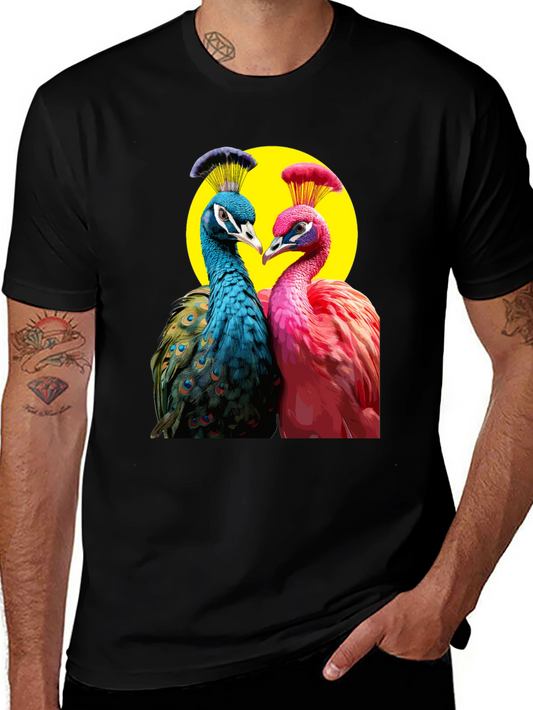 Peacock Couple Graphic Tee - Black Cotton T-Shirt