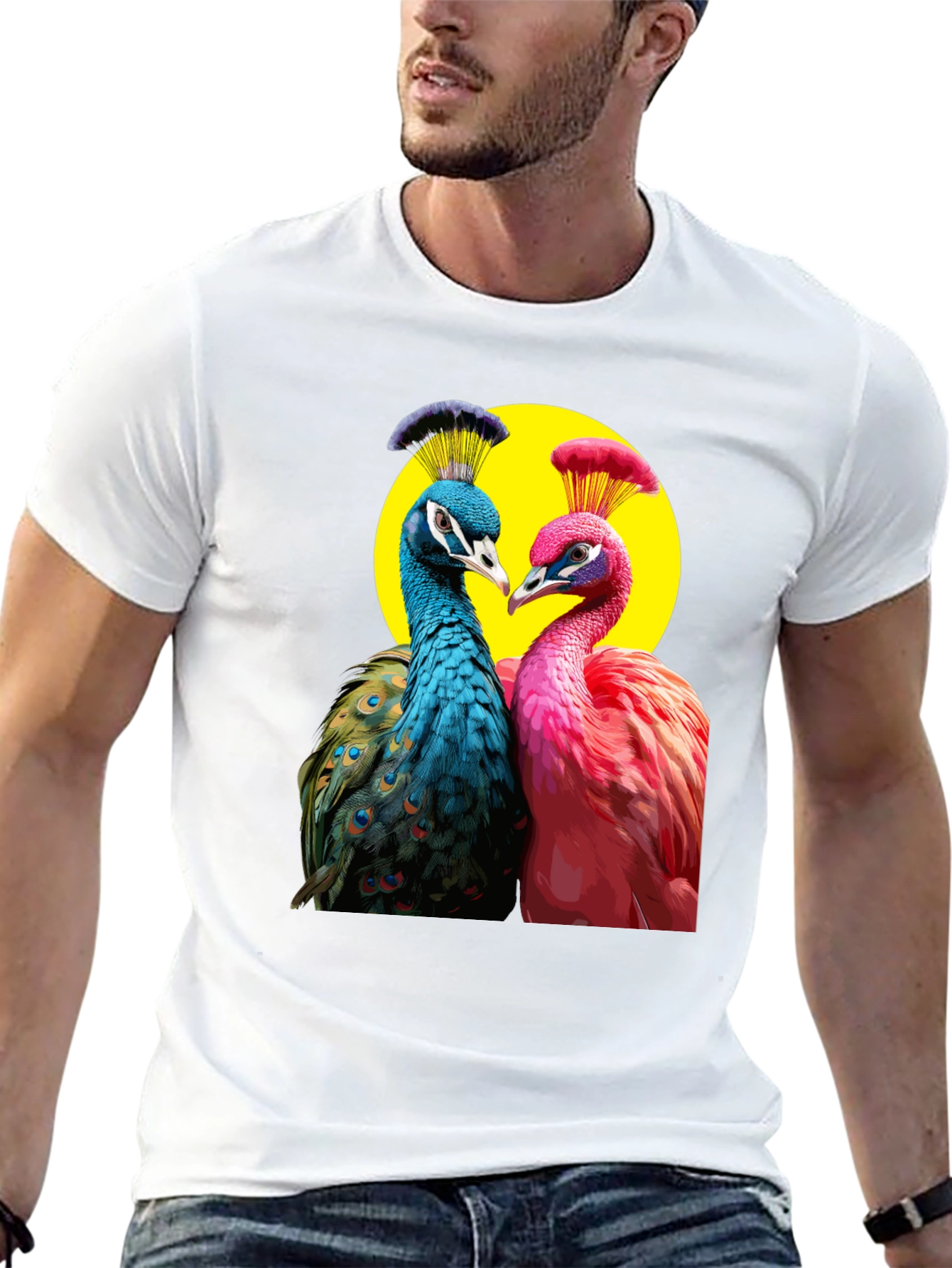 Peacock Couple Graphic Tee - Black Cotton T-Shirt