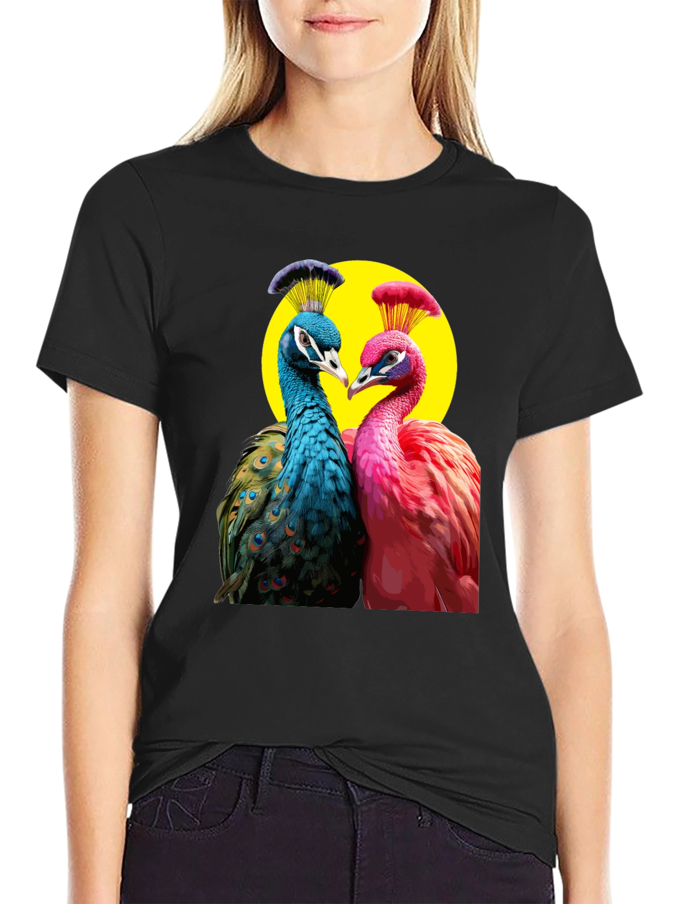 Peacock Couple Graphic Tee - Black Cotton T-Shirt