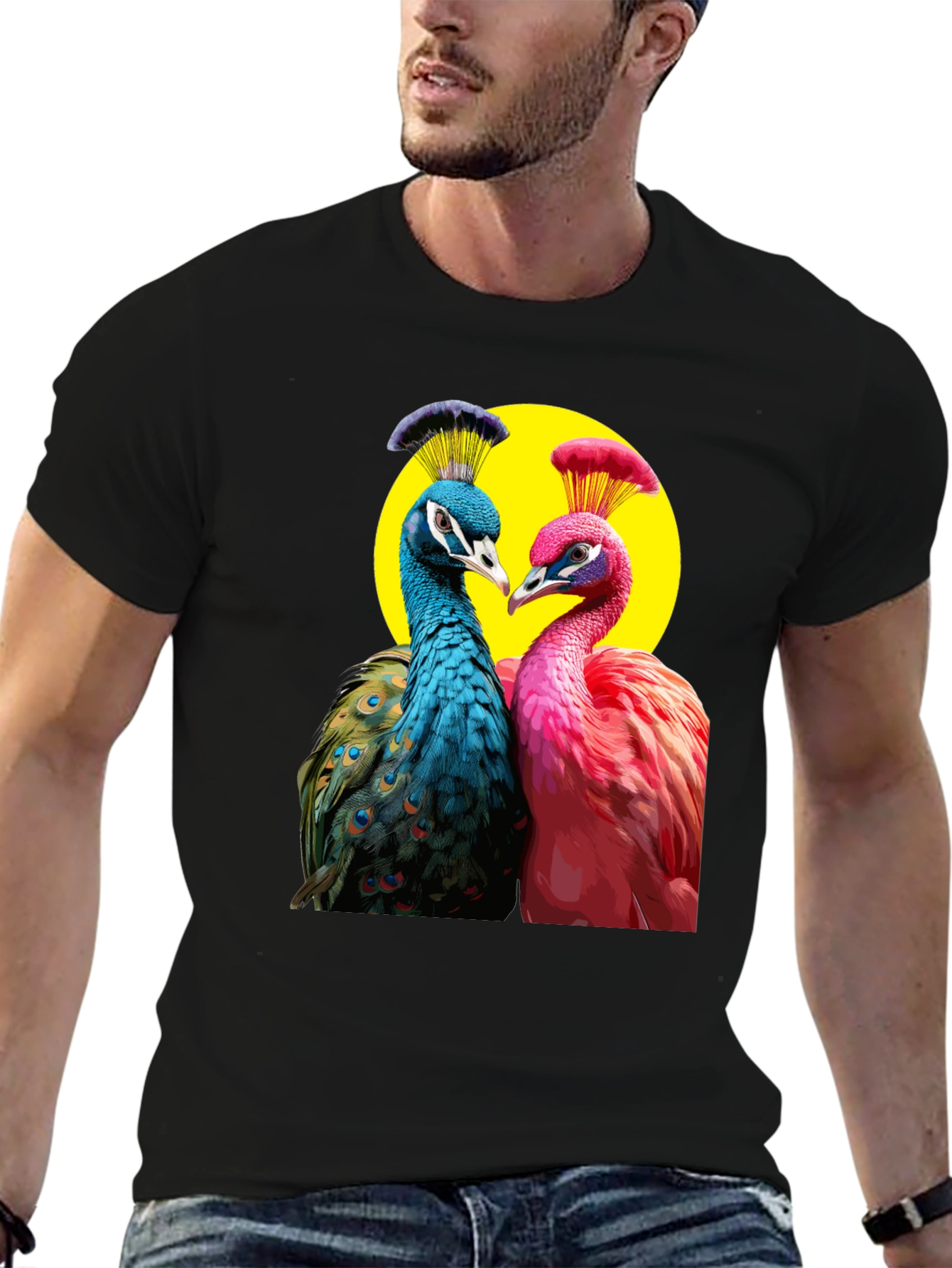 Peacock Couple Graphic Tee - Black Cotton T-Shirt
