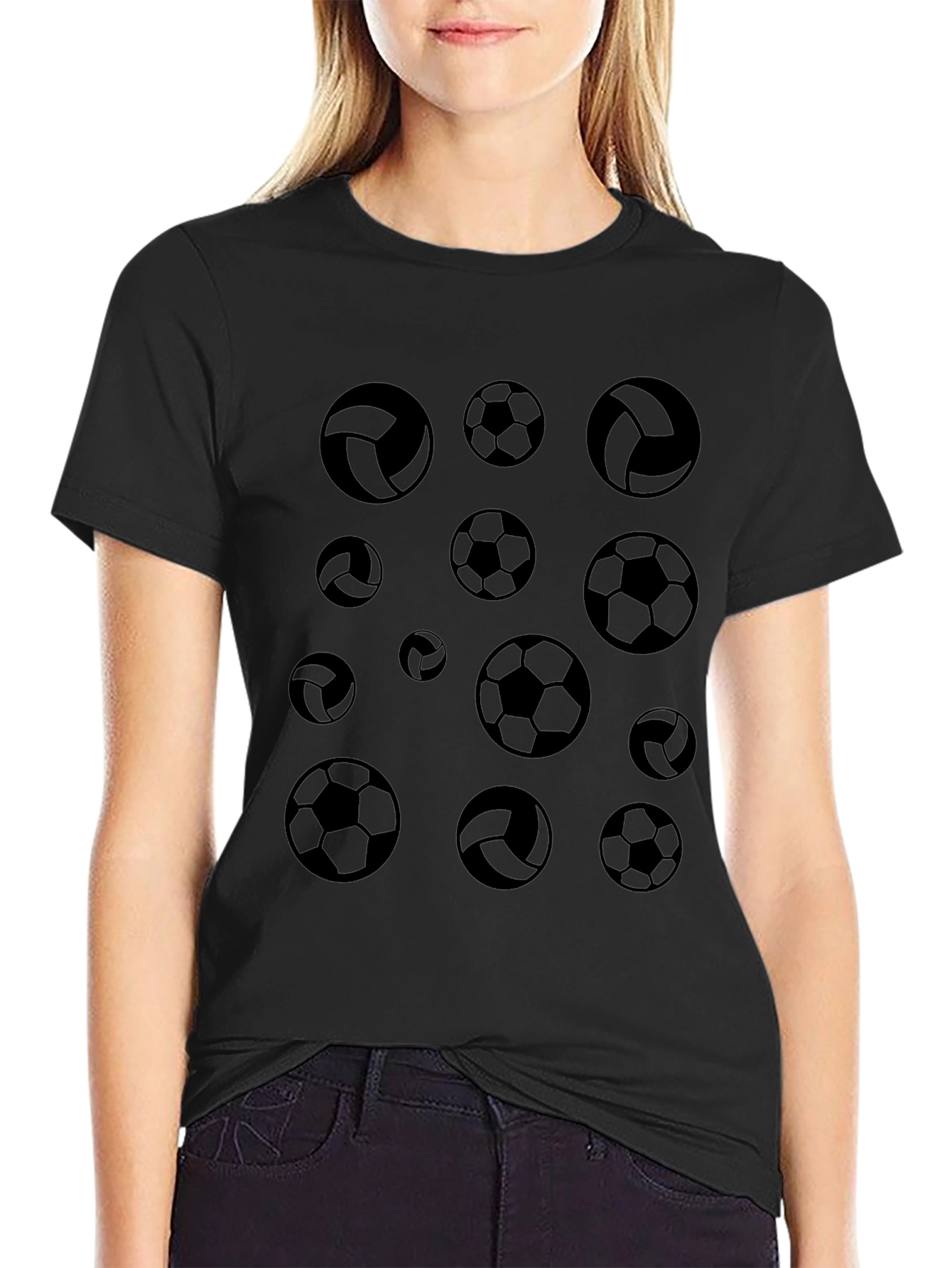 Soccer & Volleyball Print Black T-Shirt