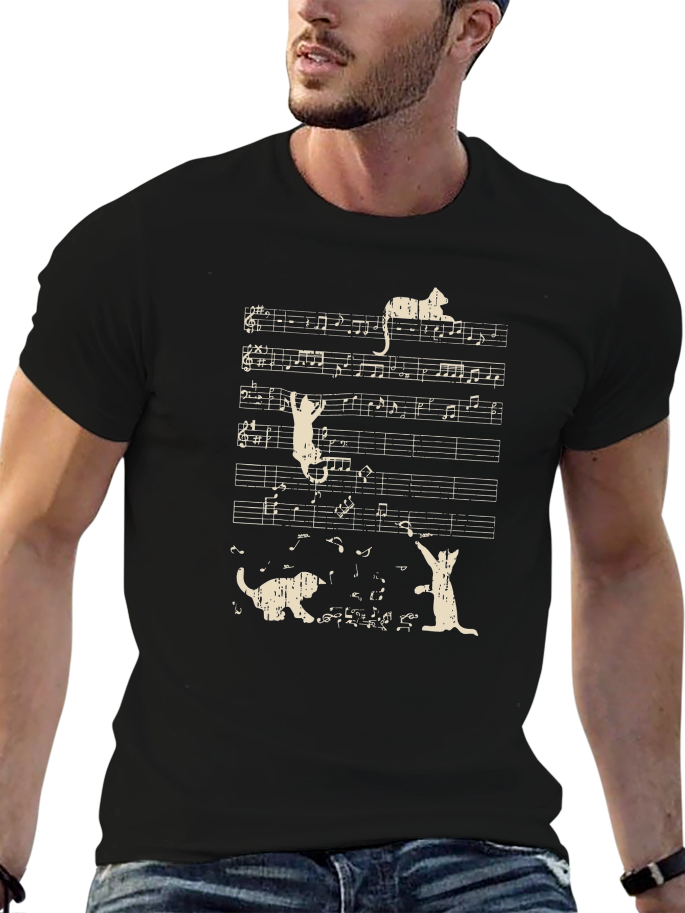 Musical Cats T-Shirt Black Cotton Crew Neck