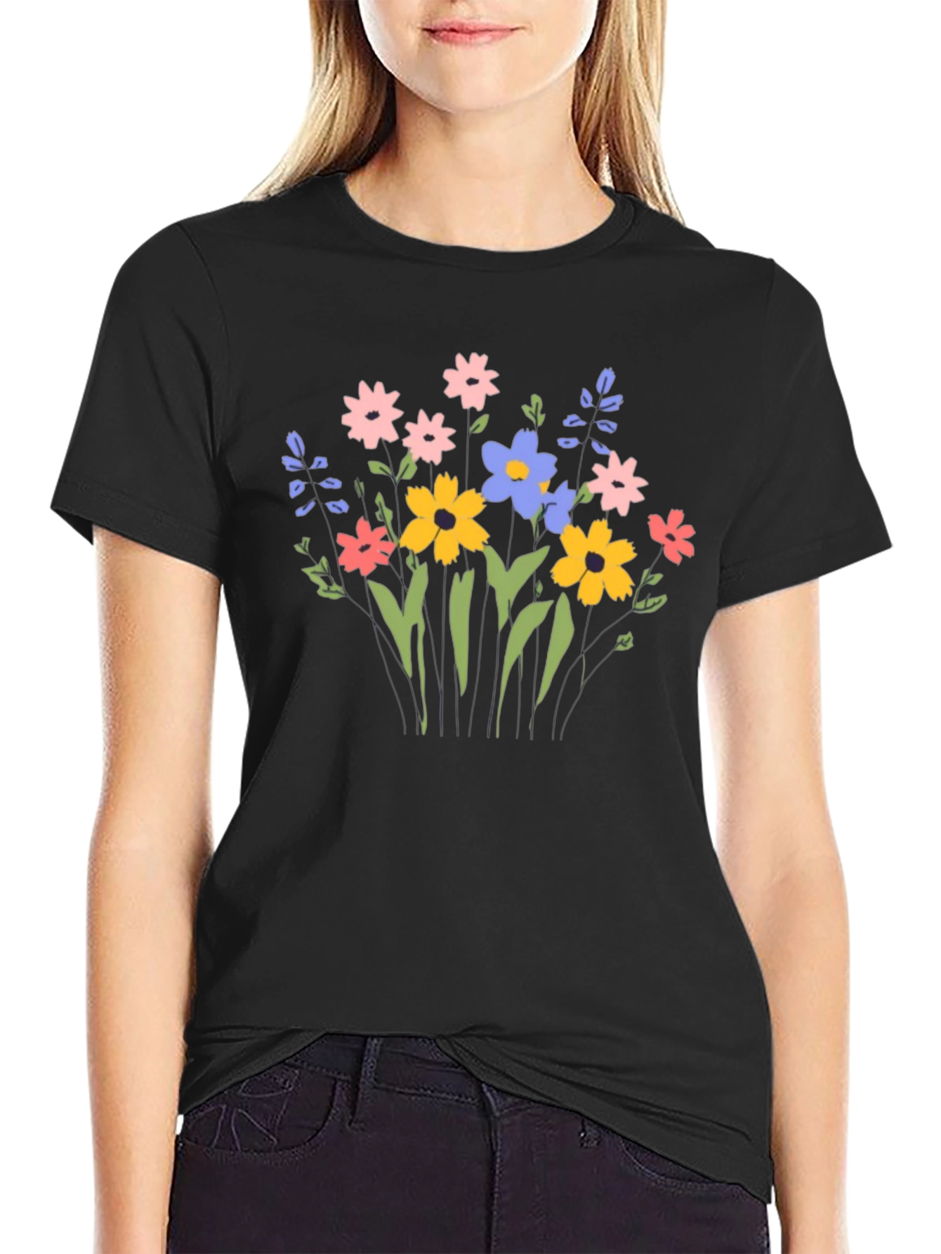 Floral Graphic Print T-Shirt - Black