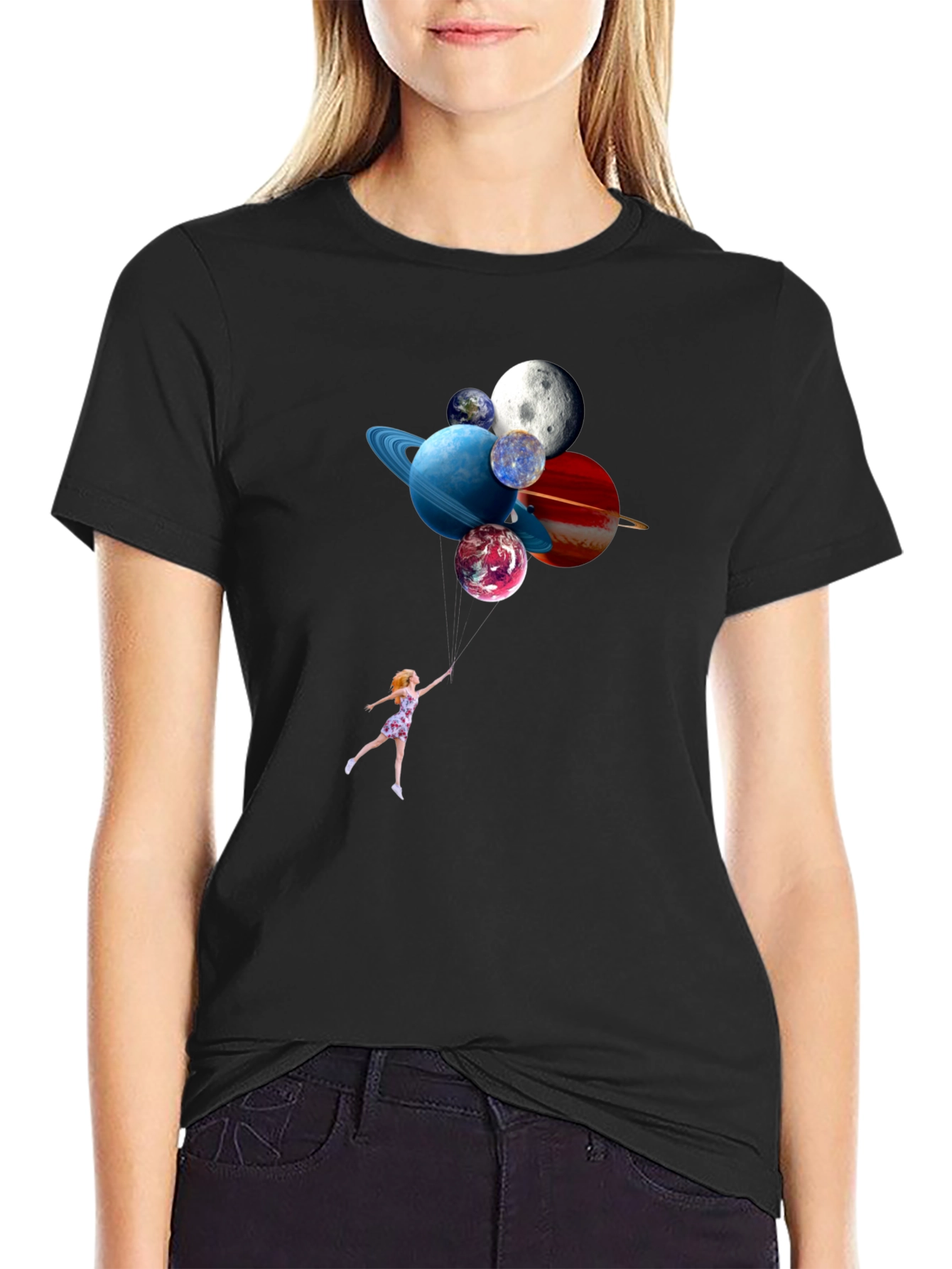 Planetary Balloons Black T-Shirt - Whimsical Space Tee