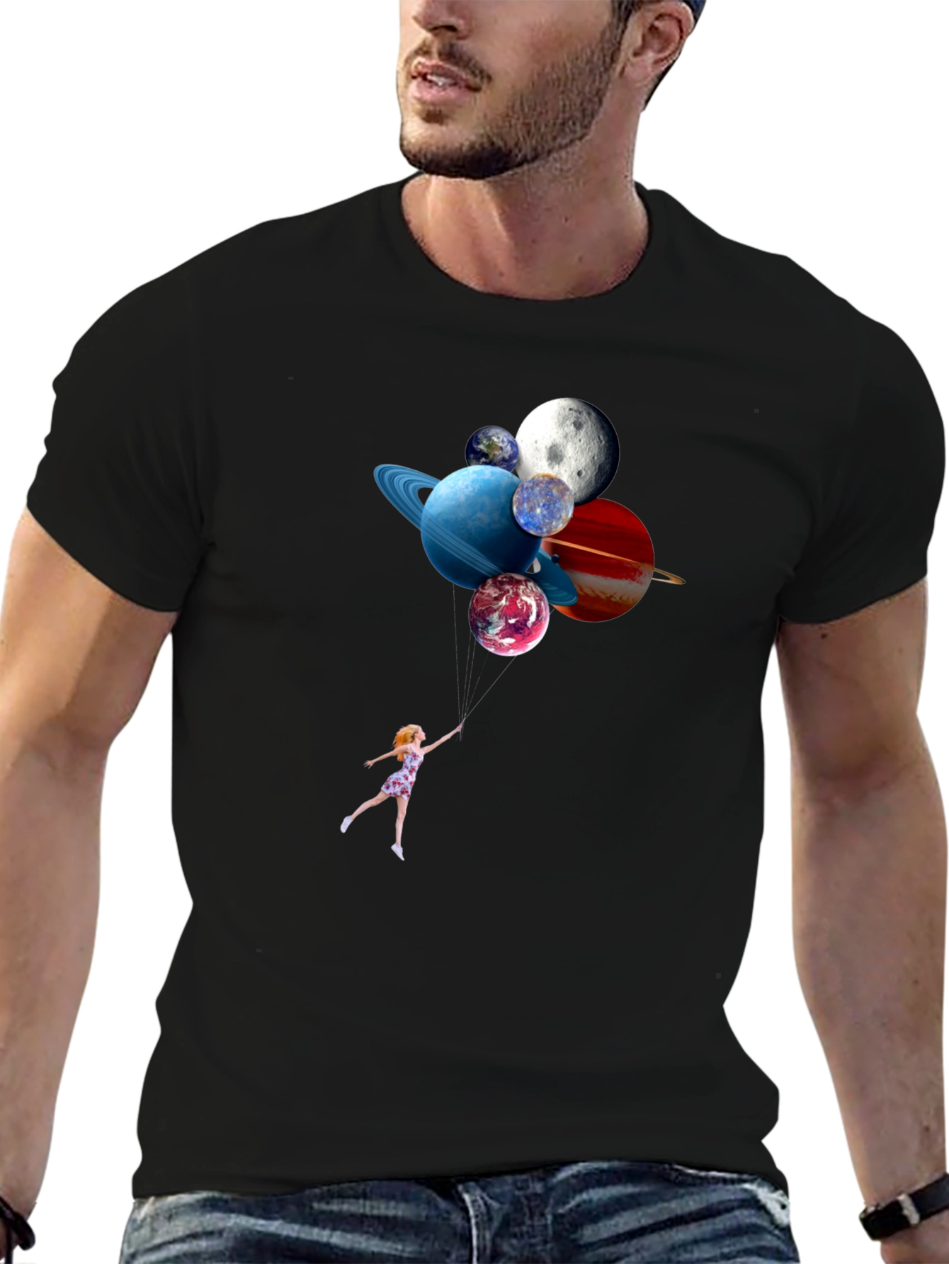 Planetary Balloons Black T-Shirt - Whimsical Space Tee