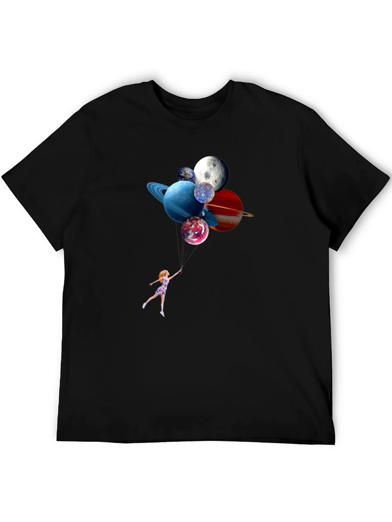 Planetary Balloons Black T-Shirt - Whimsical Space Tee