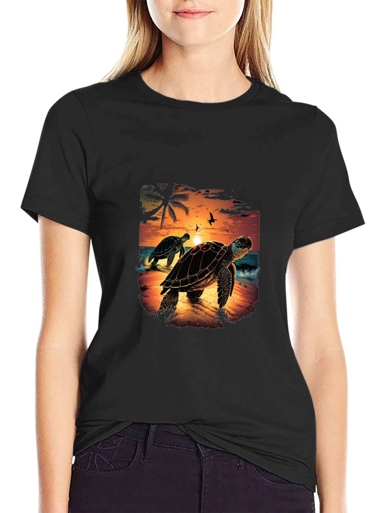 Sunset Turtle Graphic Tee - Black
