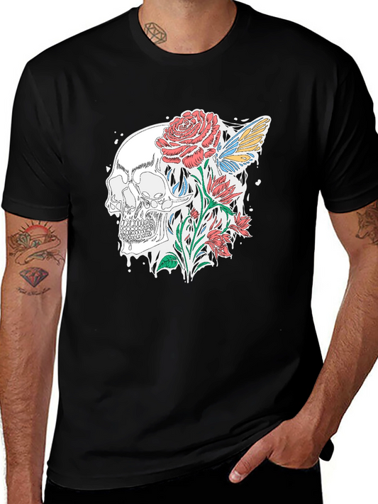 Skull and Roses Graphic T-Shirt - Stylish Black Tee