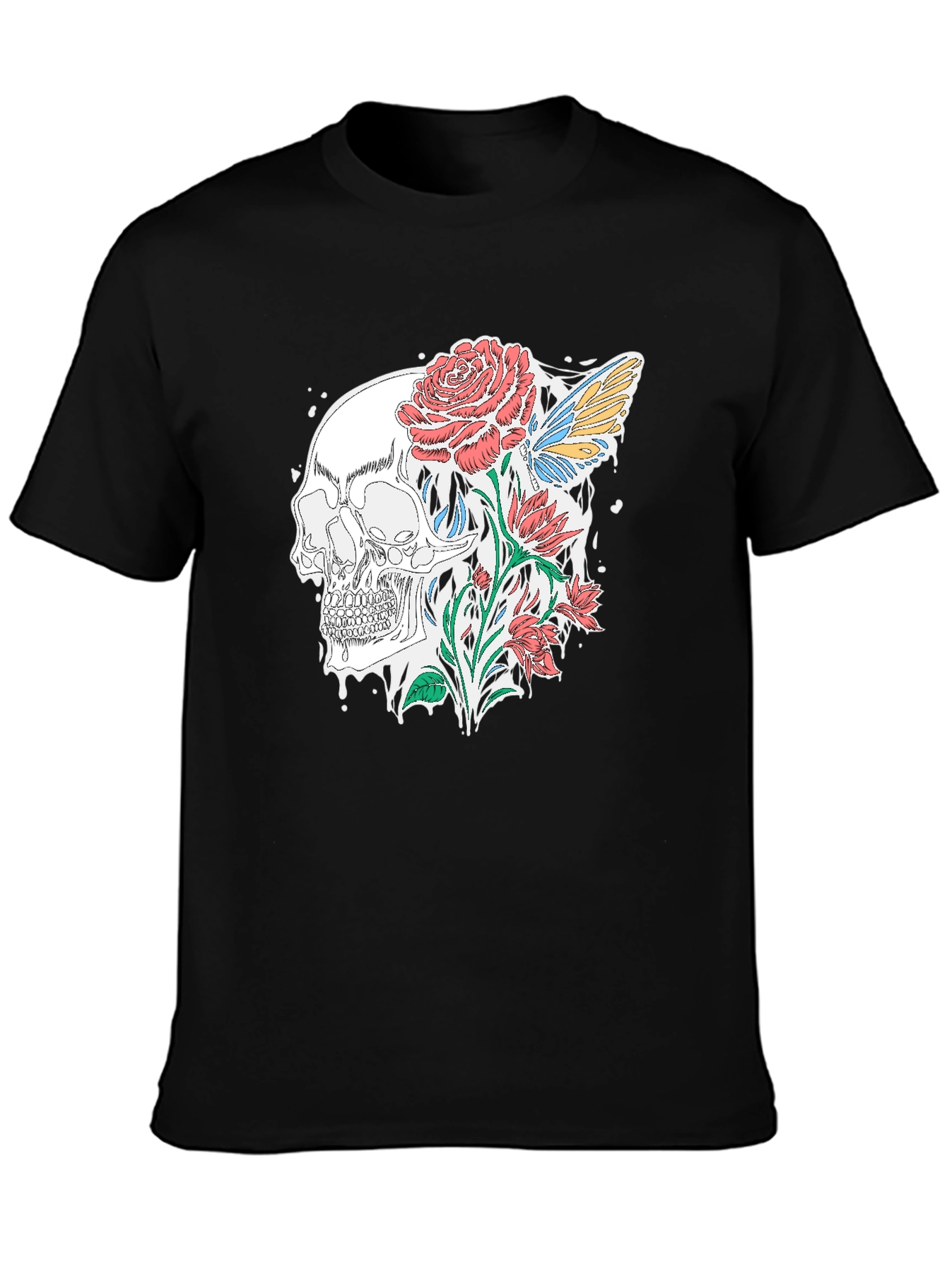 Skull and Roses Graphic T-Shirt - Stylish Black Tee