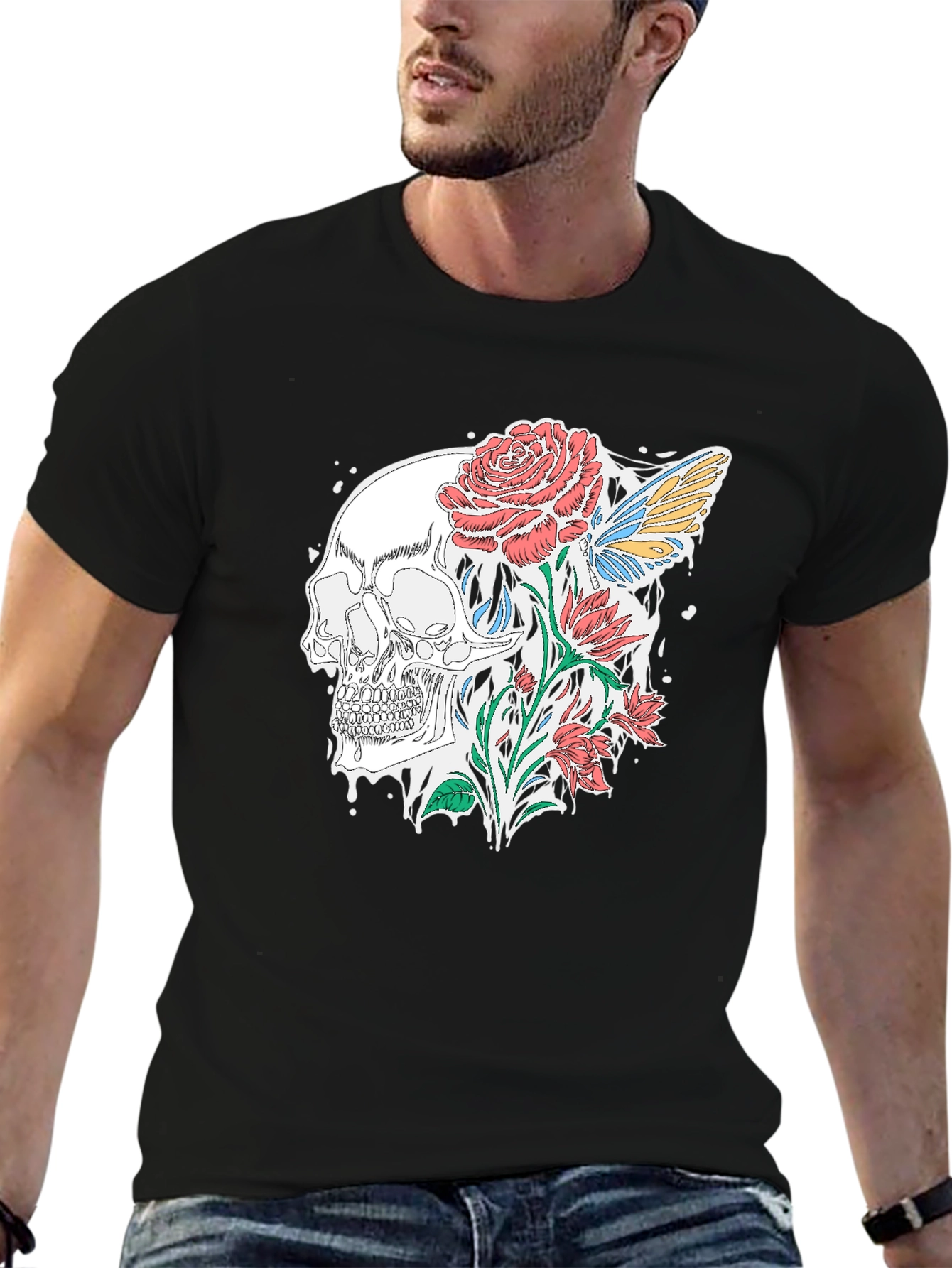 Skull and Roses Graphic T-Shirt - Stylish Black Tee