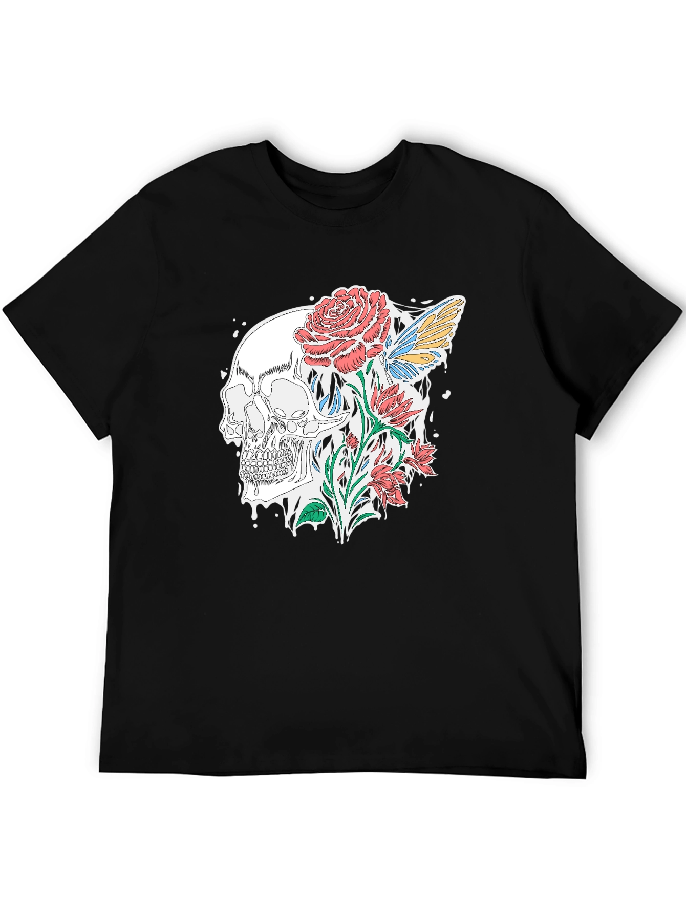 Skull and Roses Graphic T-Shirt - Stylish Black Tee