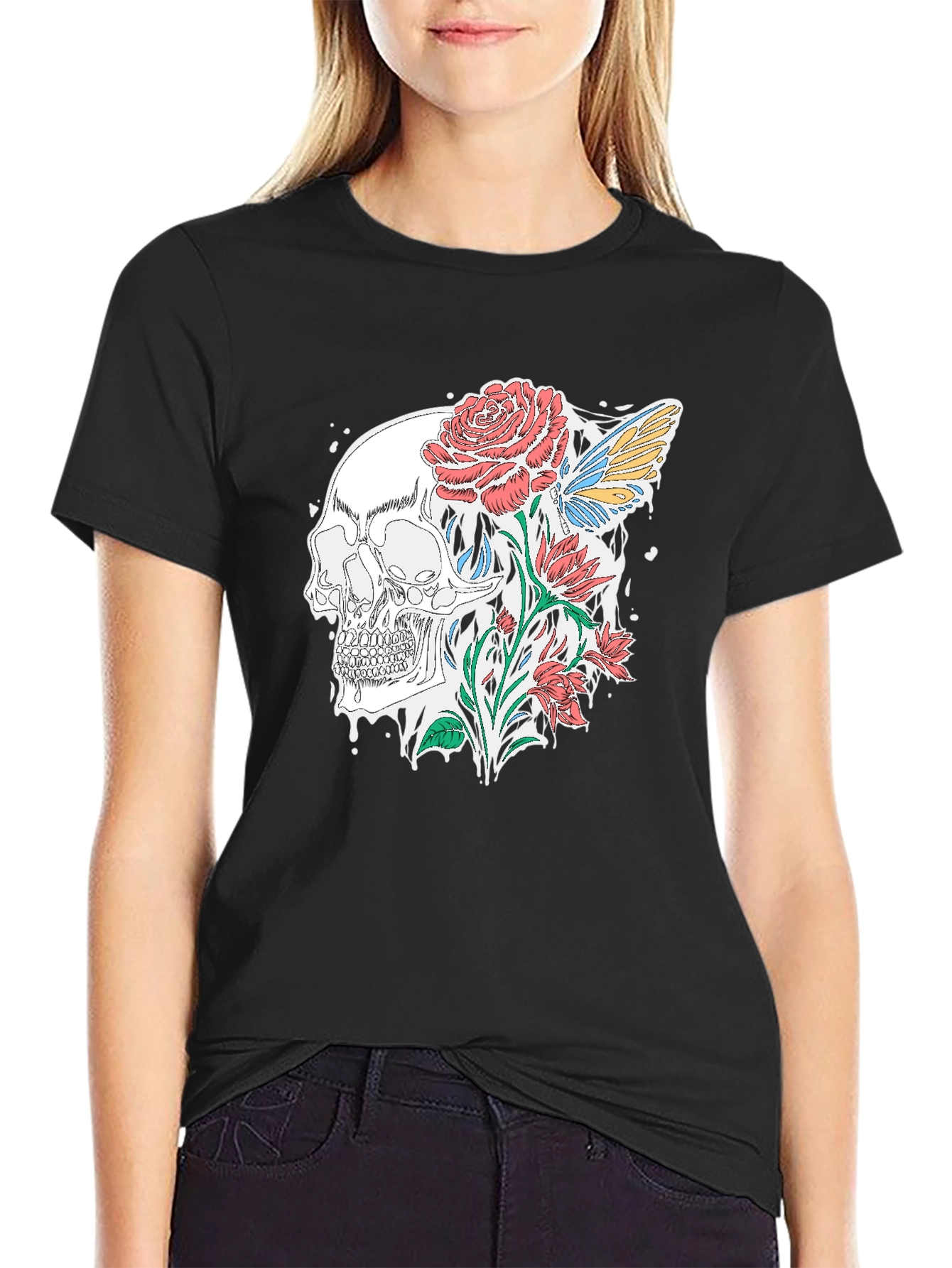 Skull and Roses Graphic T-Shirt - Stylish Black Tee