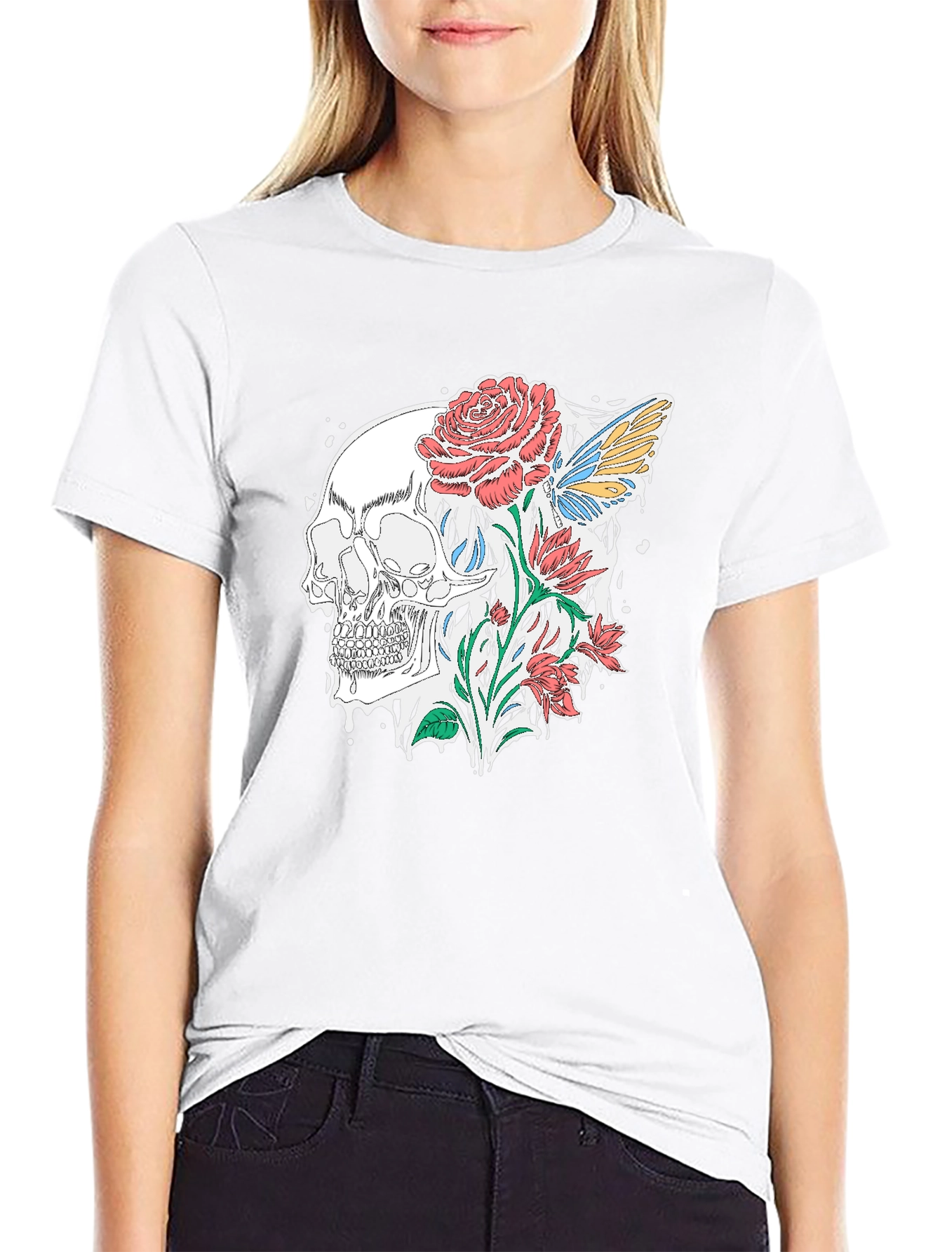 Skull and Roses Graphic T-Shirt - Stylish Black Tee