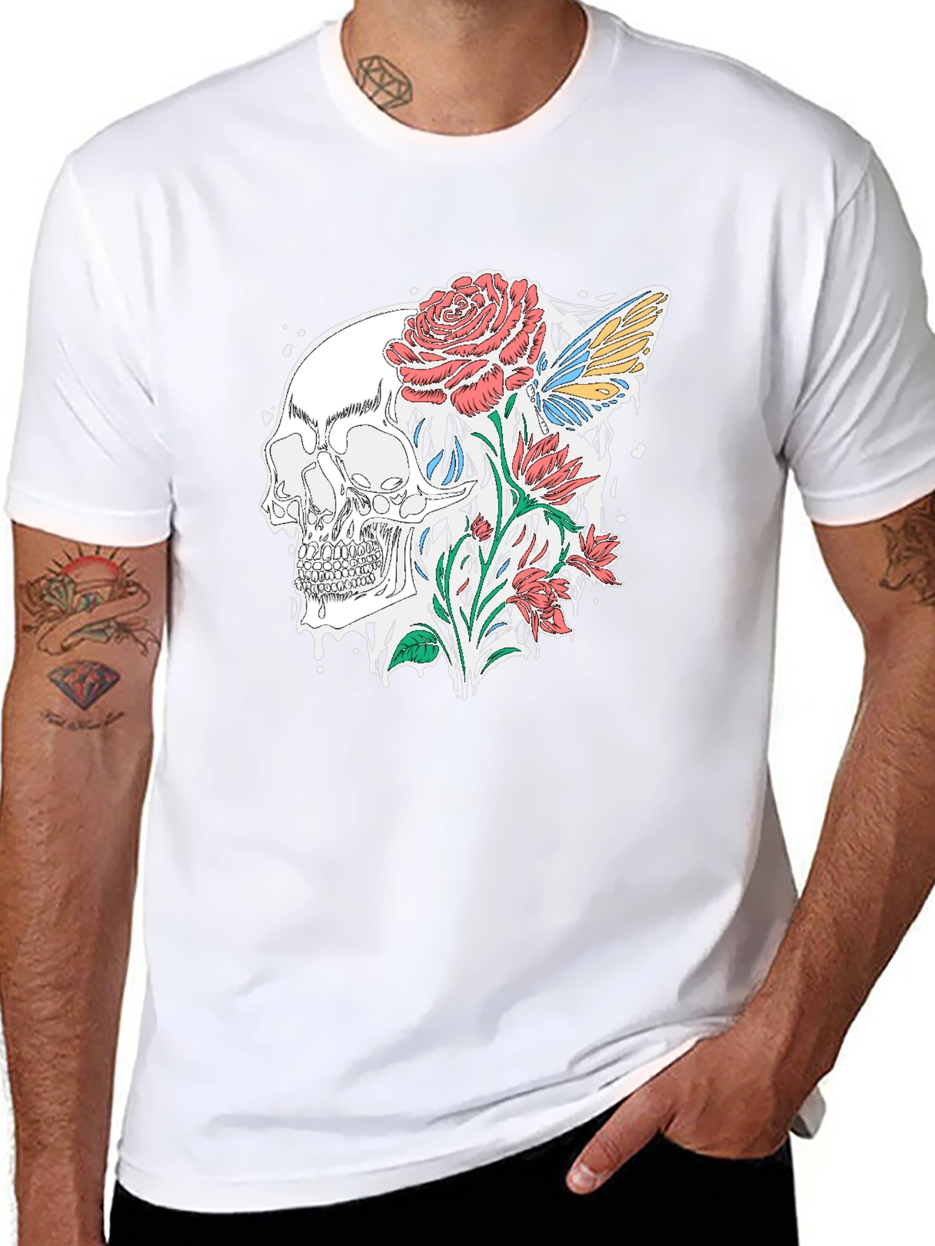 Skull and Roses Graphic T-Shirt - Stylish Black Tee