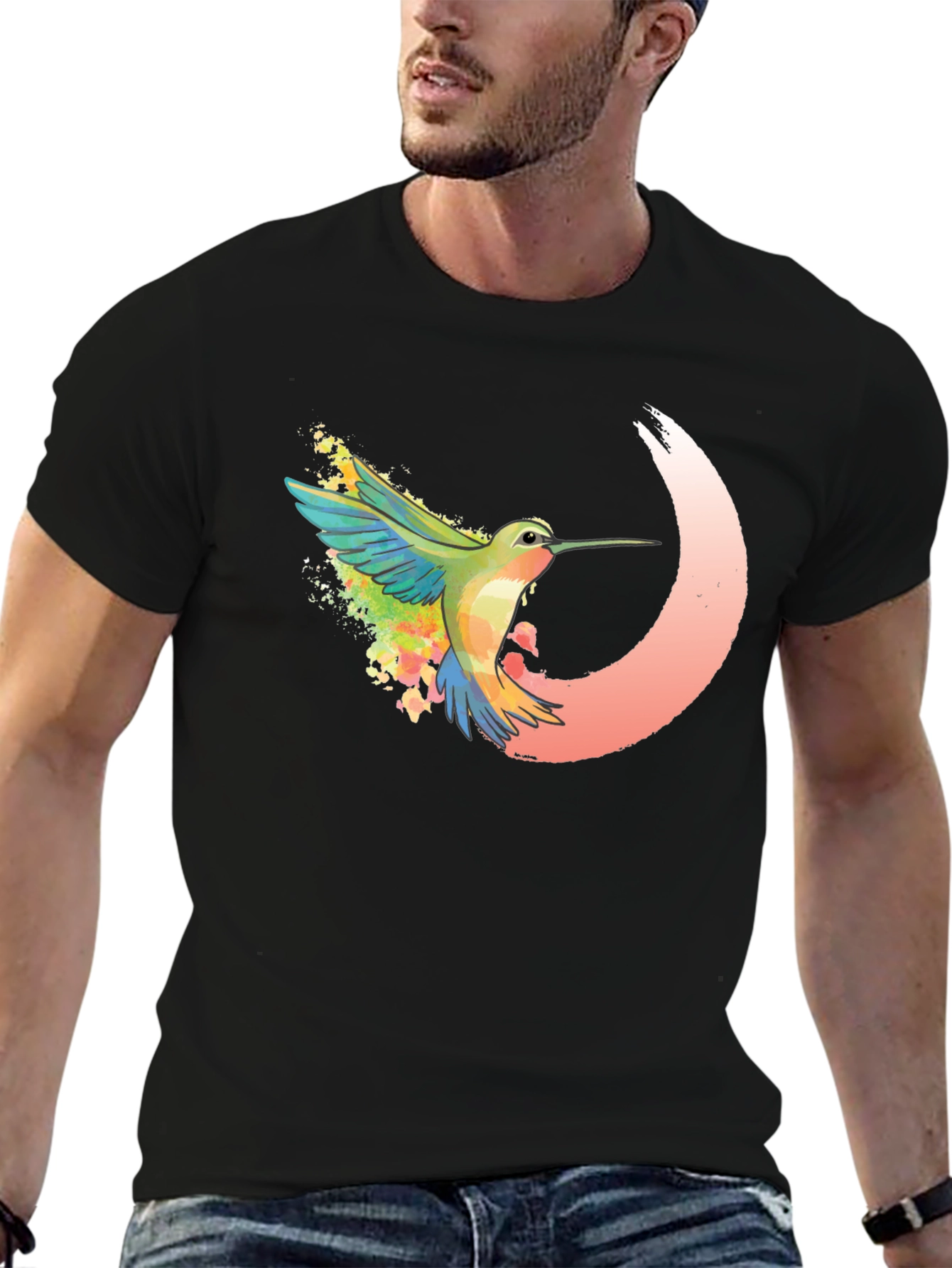 Hummingbird Graphic Tee - Black Cotton Blend Shirt