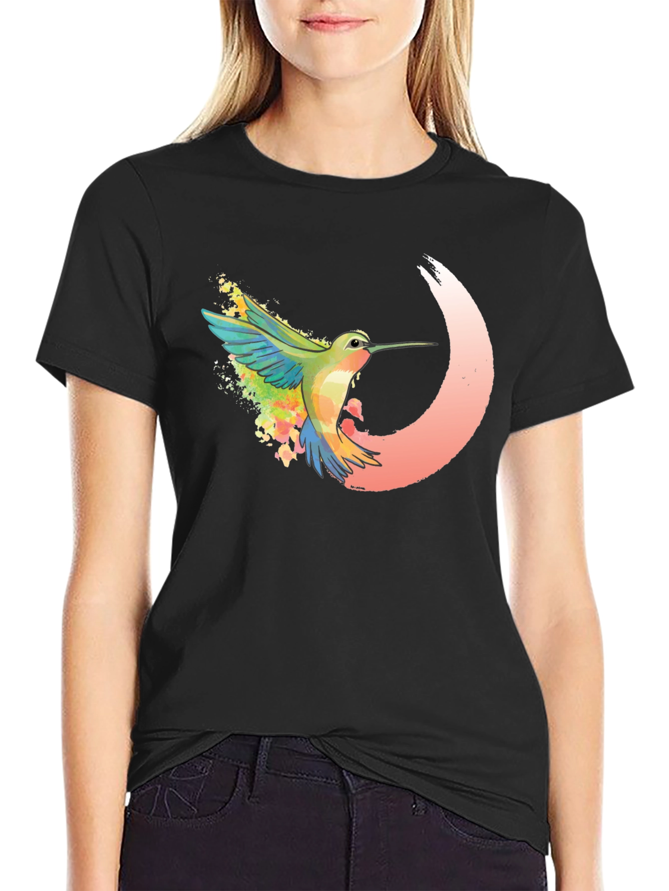 Hummingbird Graphic Tee - Black Cotton Blend Shirt