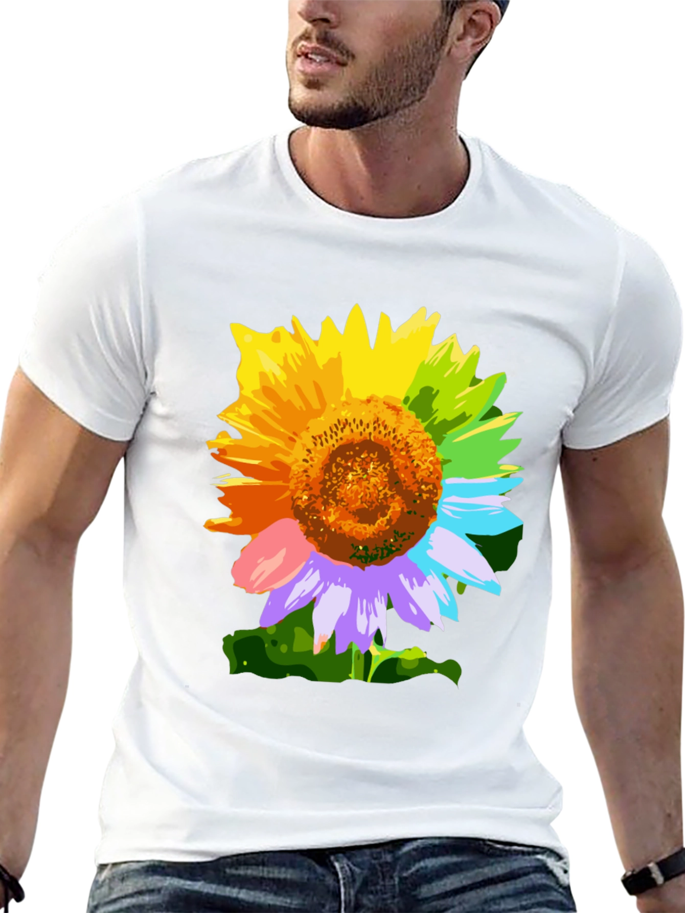 Rainbow Sunflower Graphic Tee - Stylish Mens T-Shirt