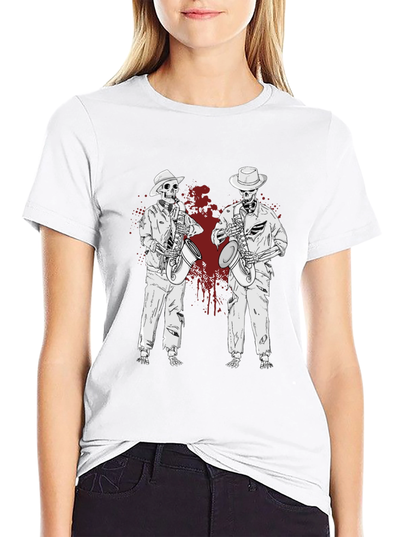 Skeleton Jazz Band Graphic T-Shirt - Unique & Stylish