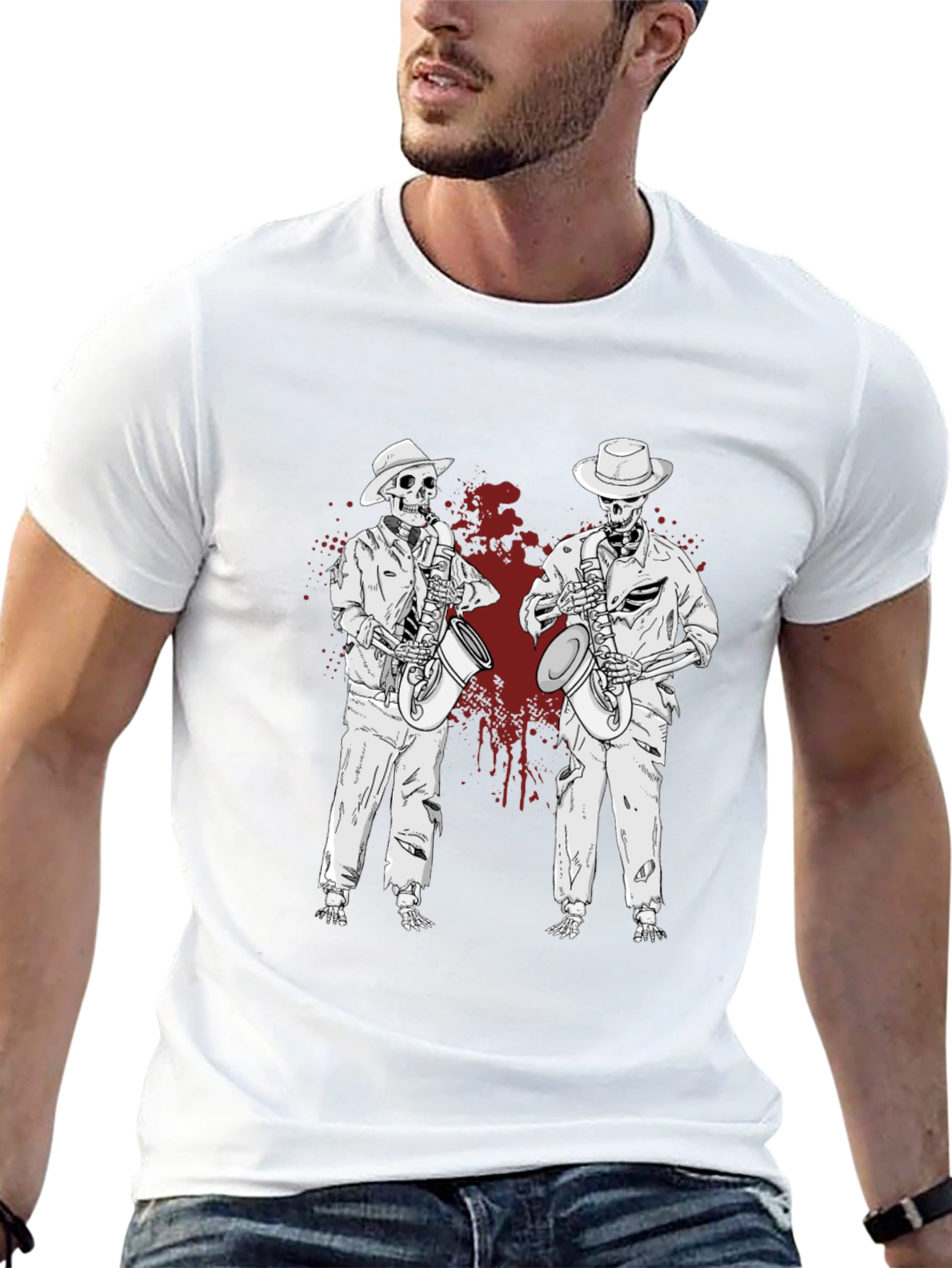 Skeleton Jazz Band Graphic T-Shirt - Unique & Stylish