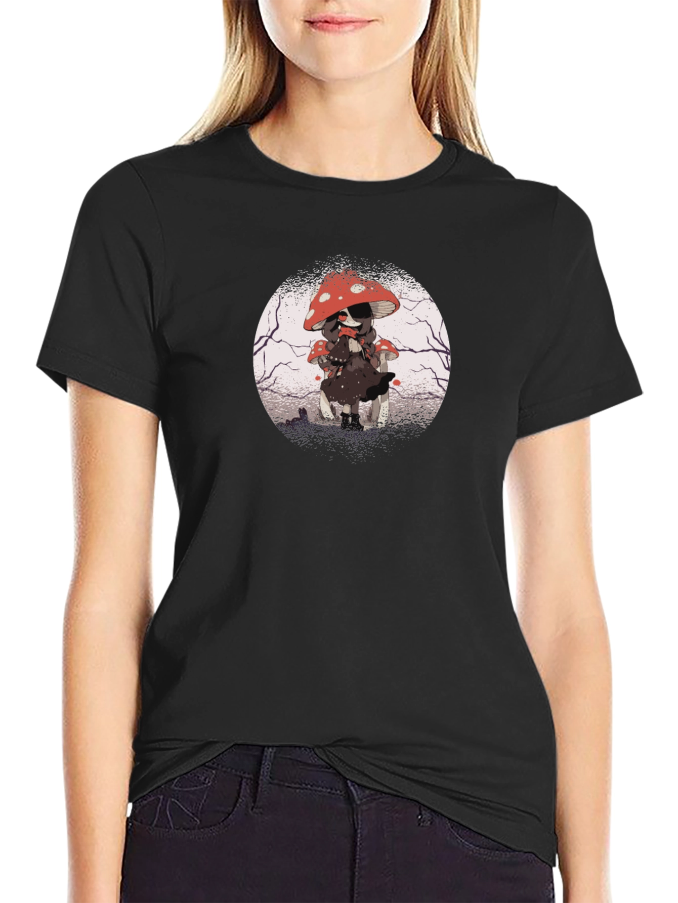 Mushroom Girl Graphic Tee - Dark Anime Style
