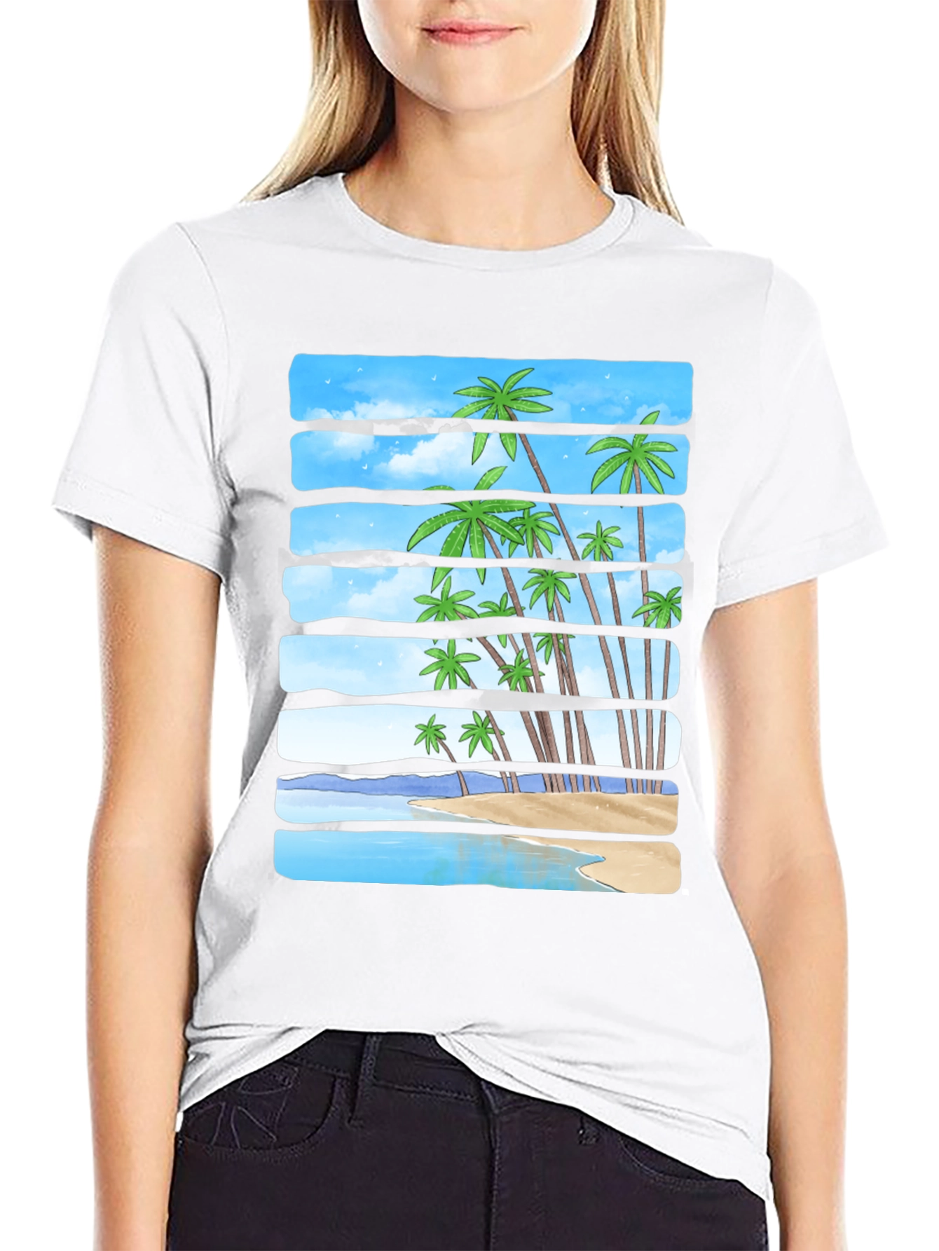 Tropical Palm Beach Striped T-Shirt