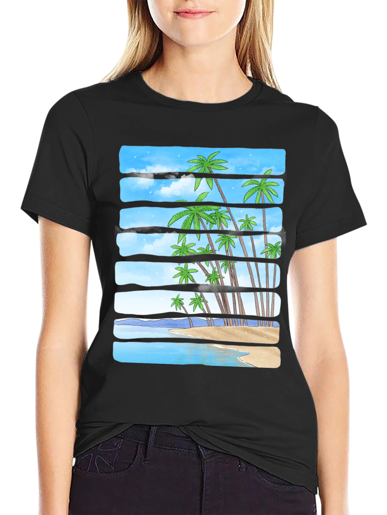 Tropical Palm Beach Striped T-Shirt