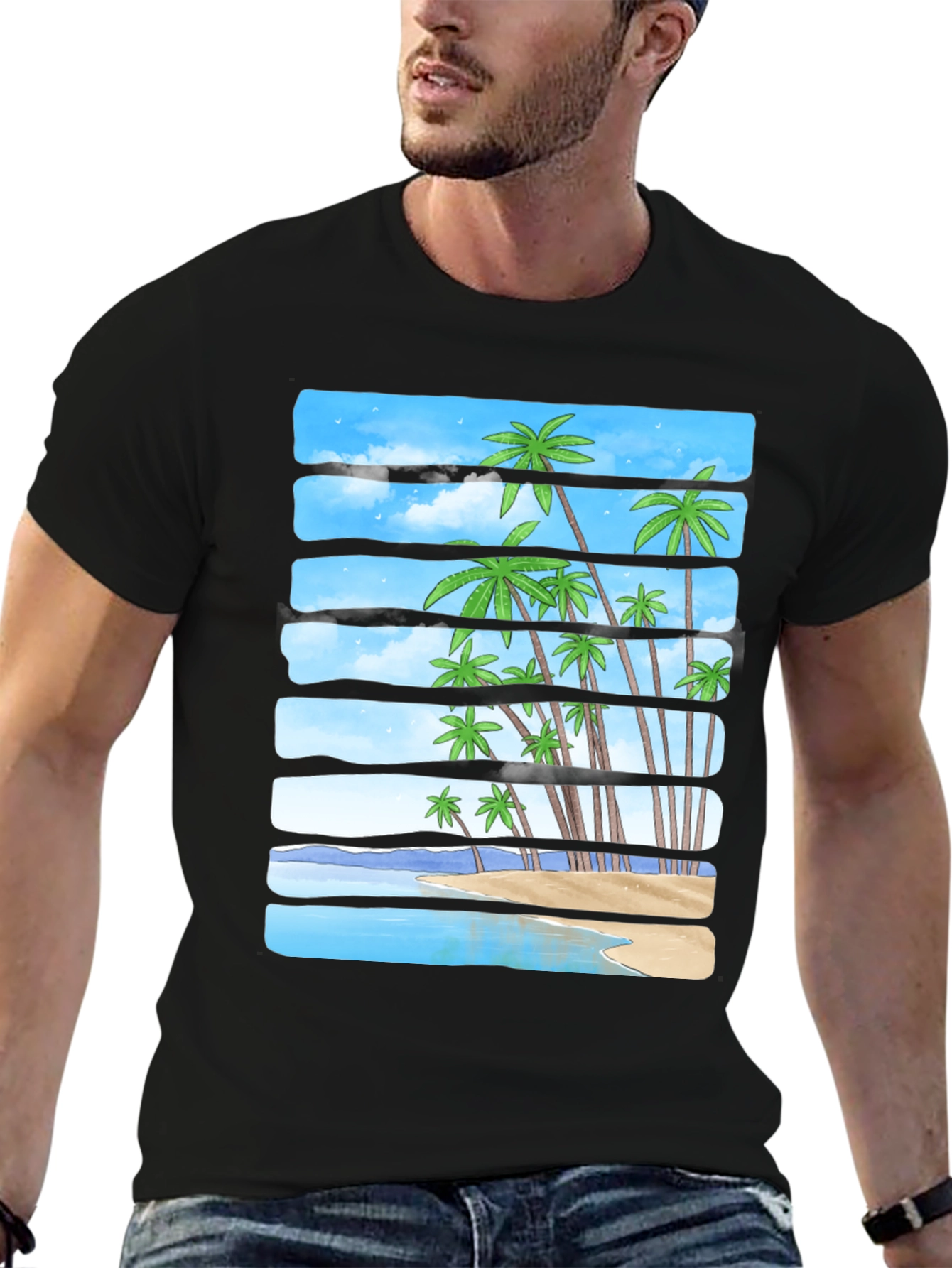 Tropical Palm Beach Striped T-Shirt