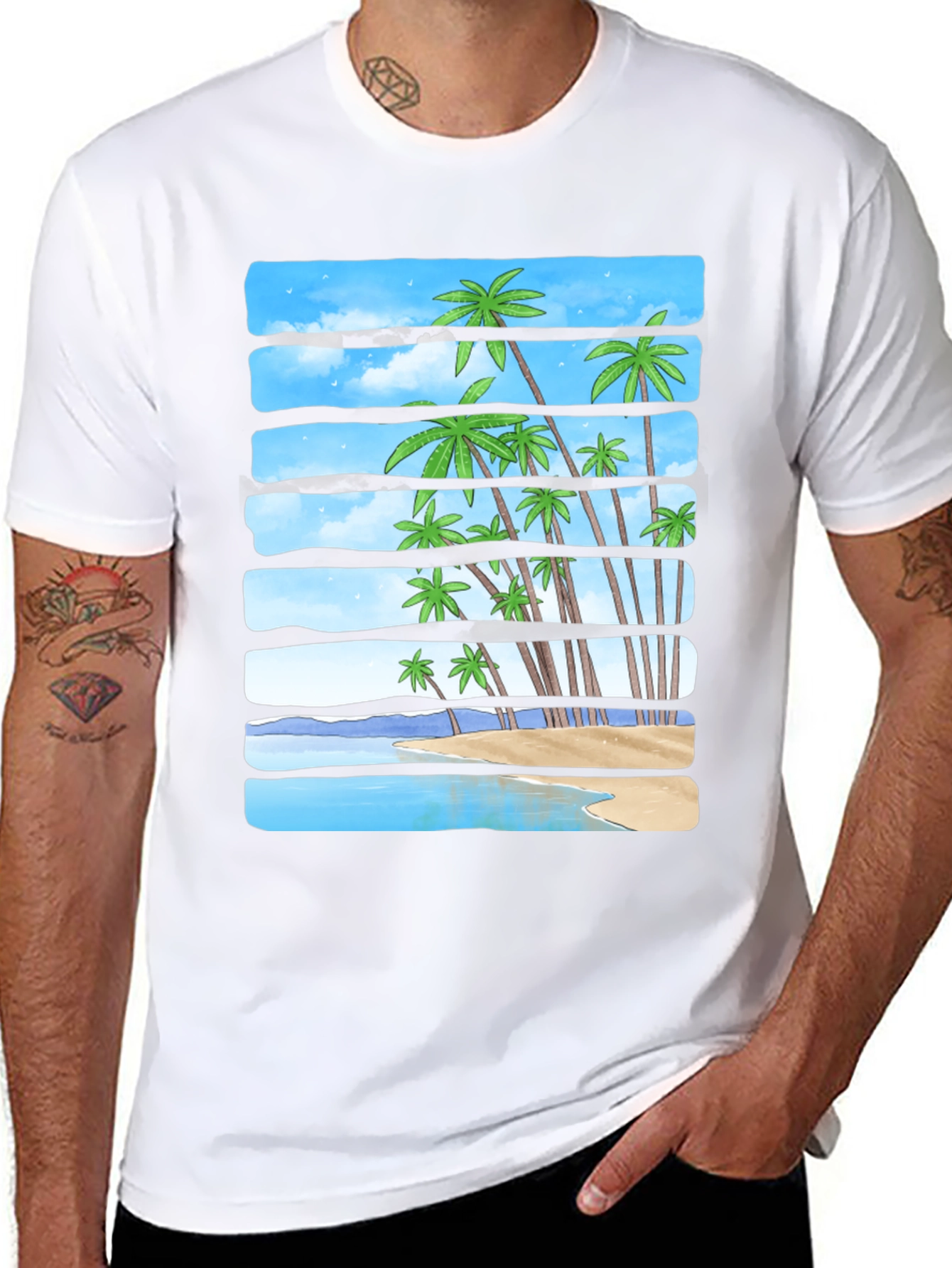 Tropical Palm Beach Striped T-Shirt