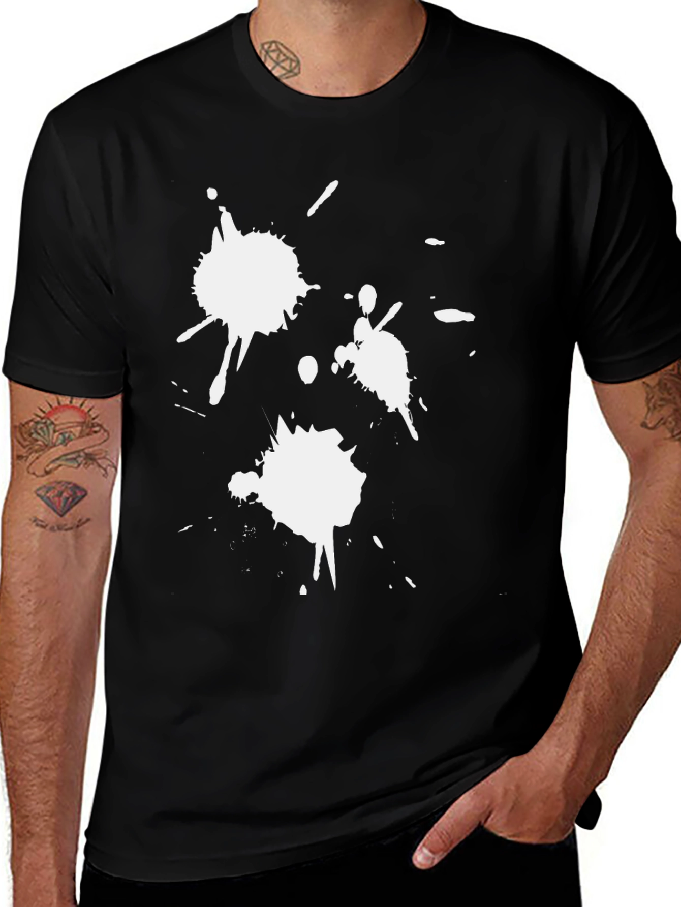 Black T-Shirt with White Paint Splatter Design