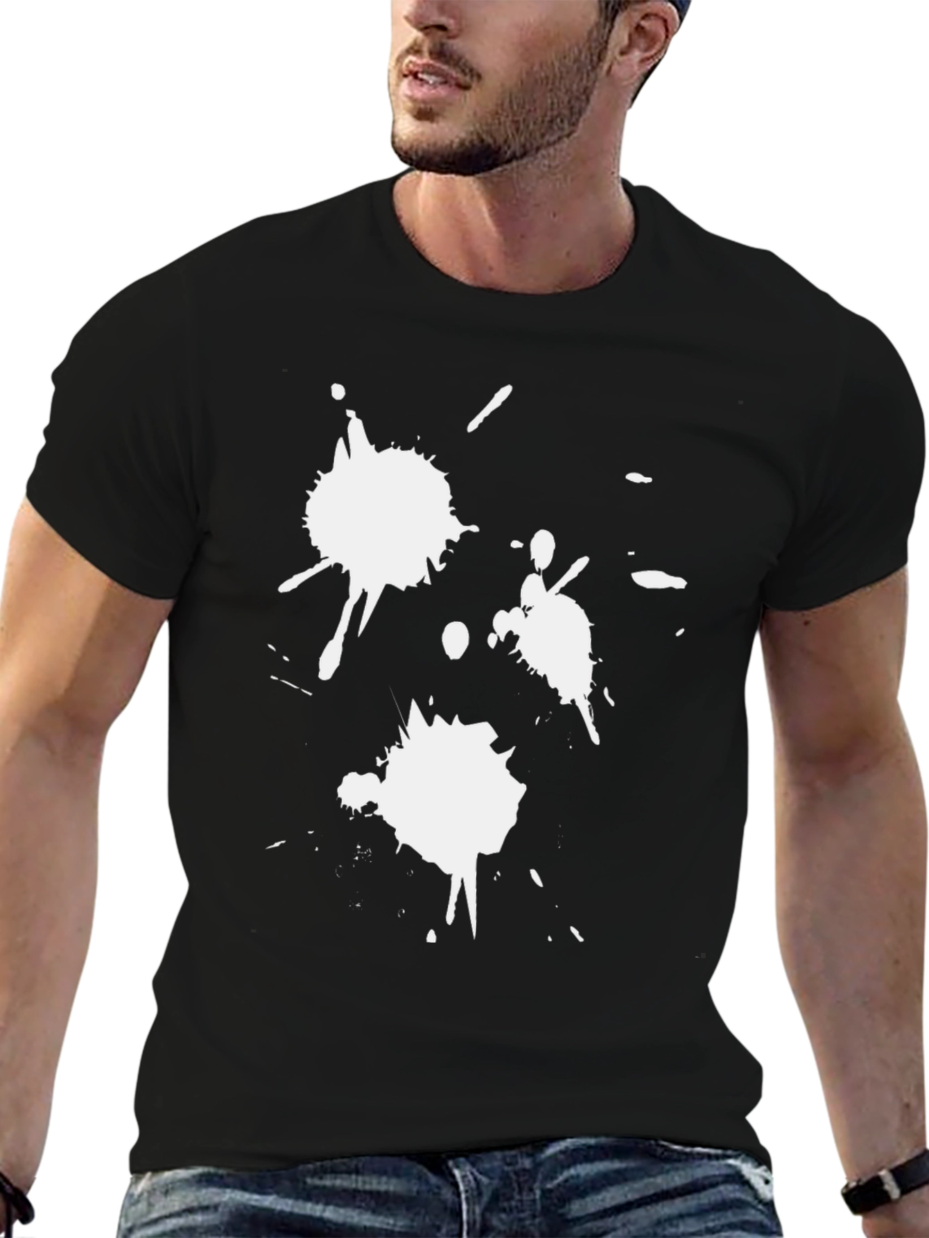 Black T-Shirt with White Paint Splatter Design