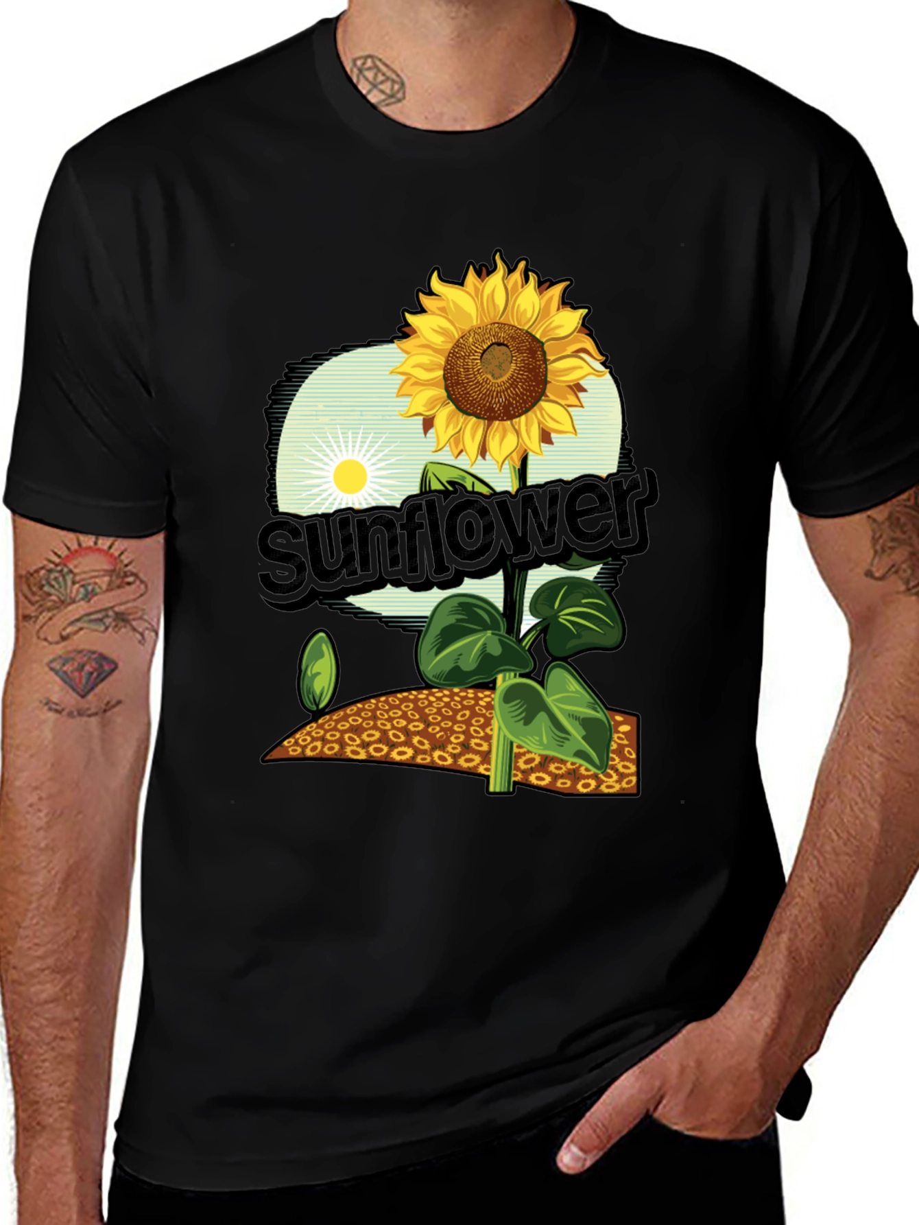 Sunflower Graphic Print T-Shirt - Black Cotton Tee