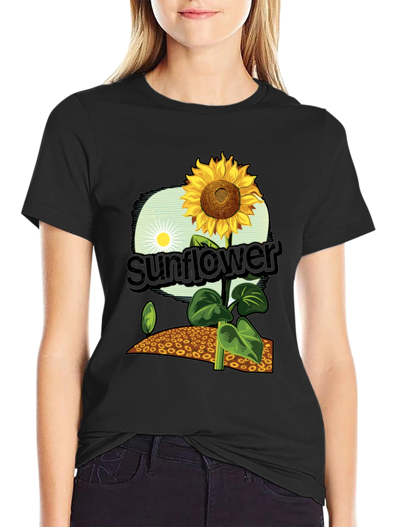 Sunflower Graphic Print T-Shirt - Black Cotton Tee