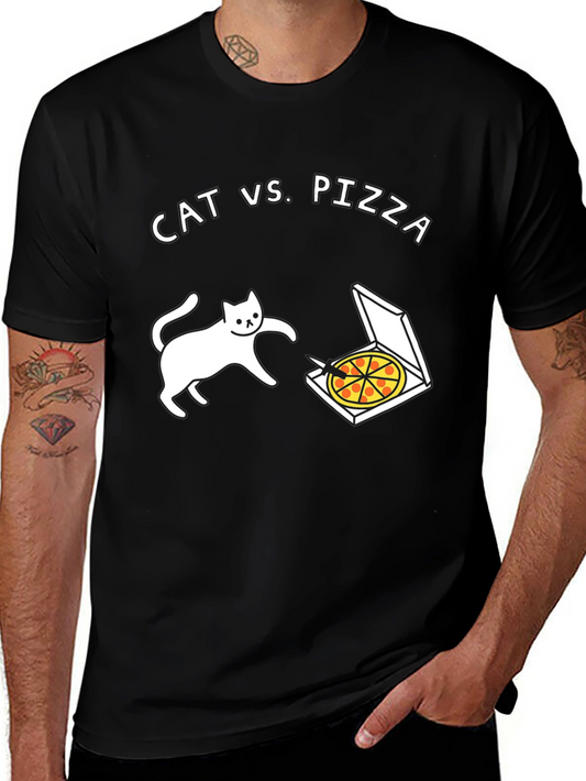 Cat vs. Pizza Graphic Tee - Black Short Sleeve Cotton Shirt