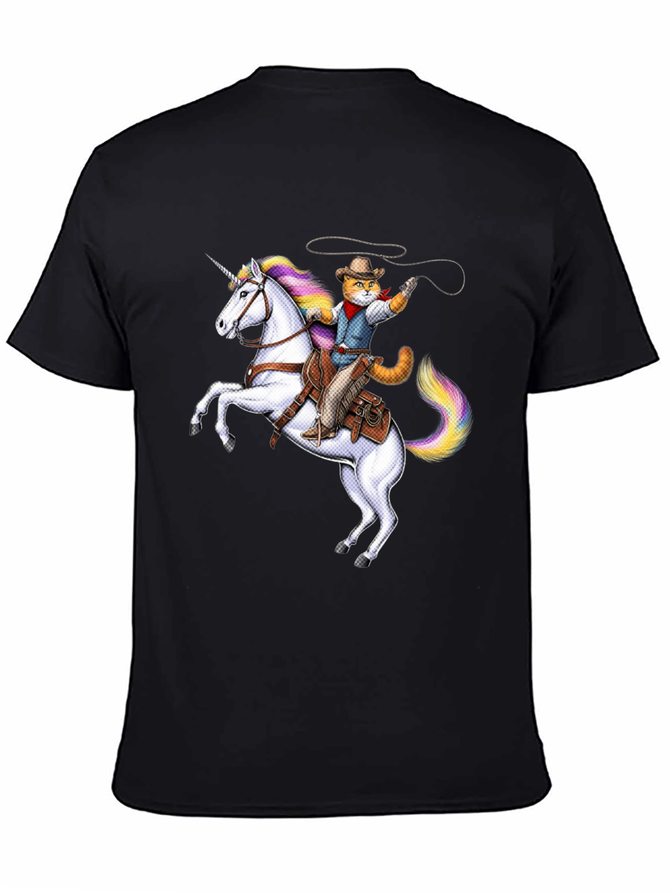 Cat Cowboy Riding Unicorn Black T-Shirt