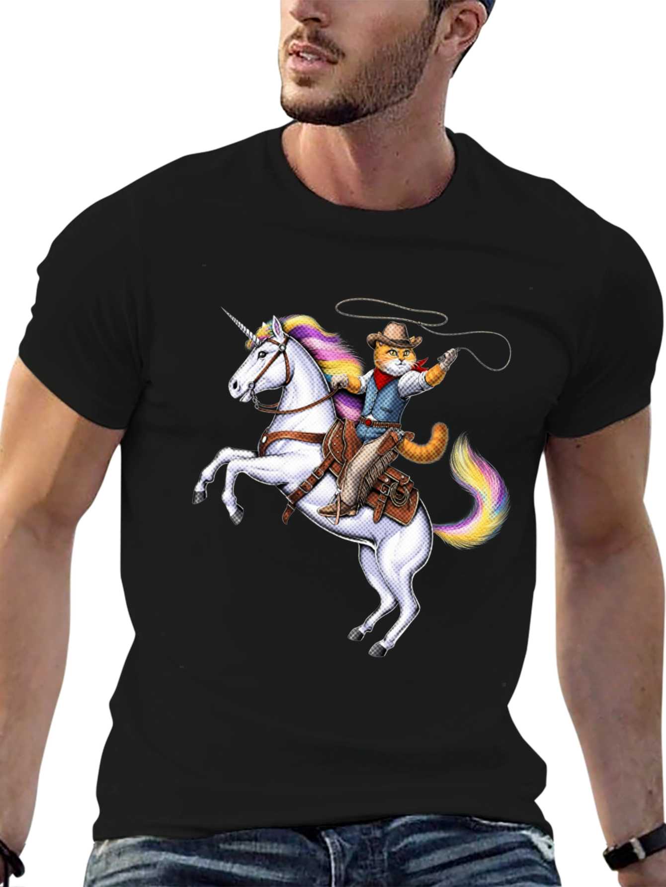 Cat Cowboy Riding Unicorn Black T-Shirt