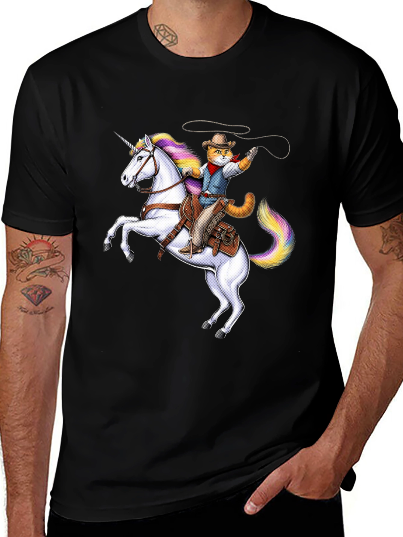 Cat Cowboy Riding Unicorn Black T-Shirt