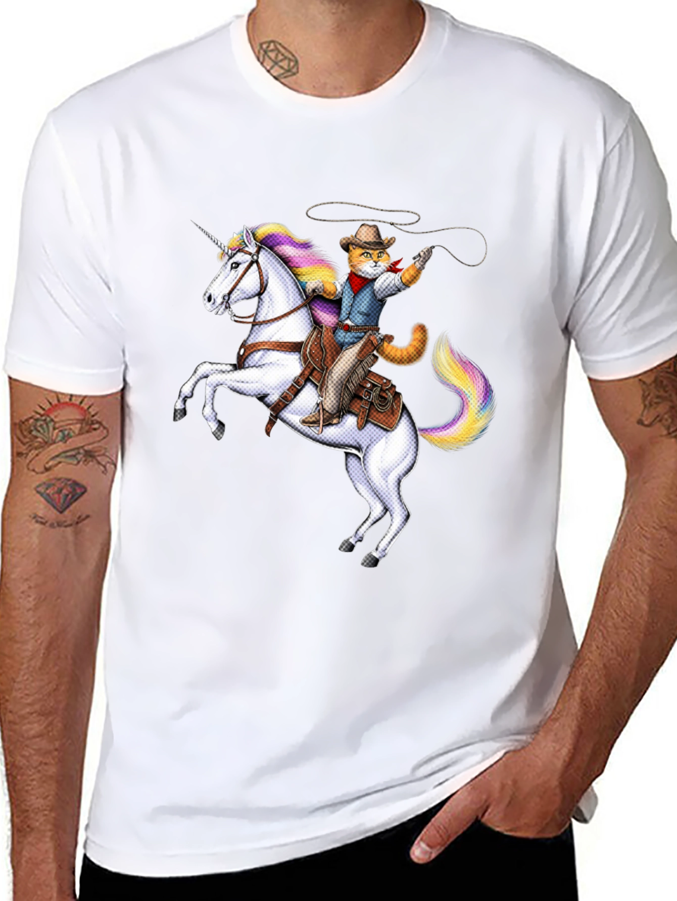 Cat Cowboy Riding Unicorn Black T-Shirt