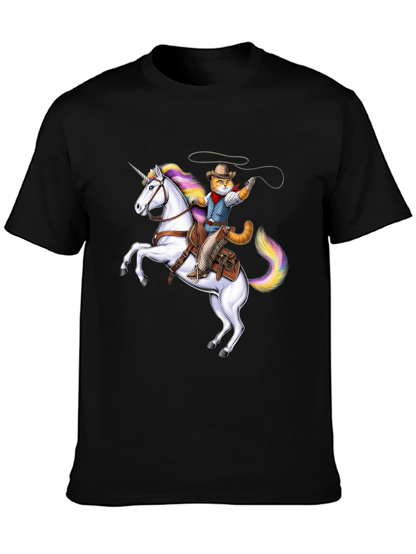 Cat Cowboy Riding Unicorn Black T-Shirt