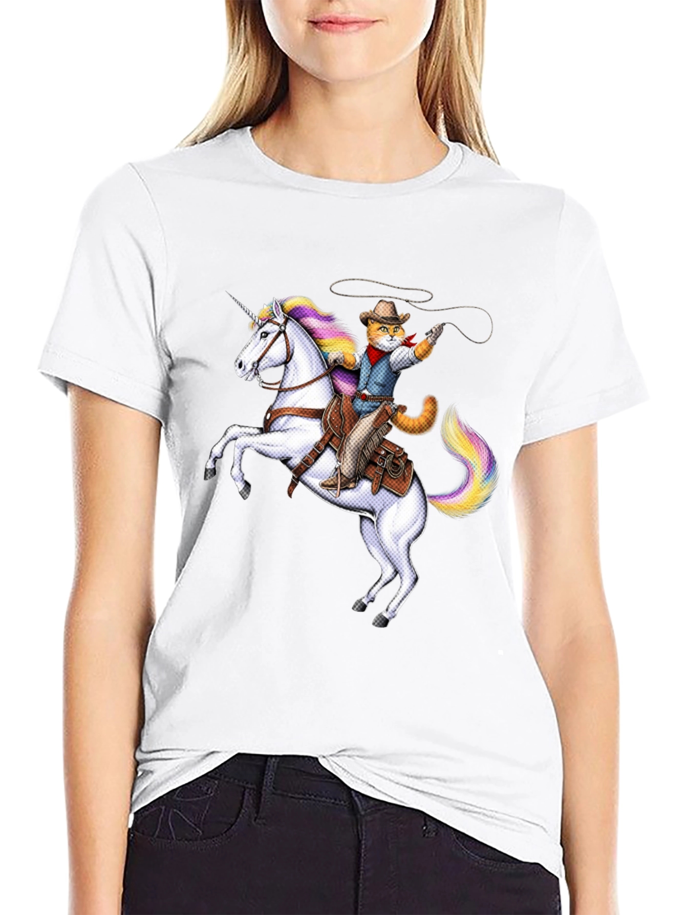 Cat Cowboy Riding Unicorn Black T-Shirt