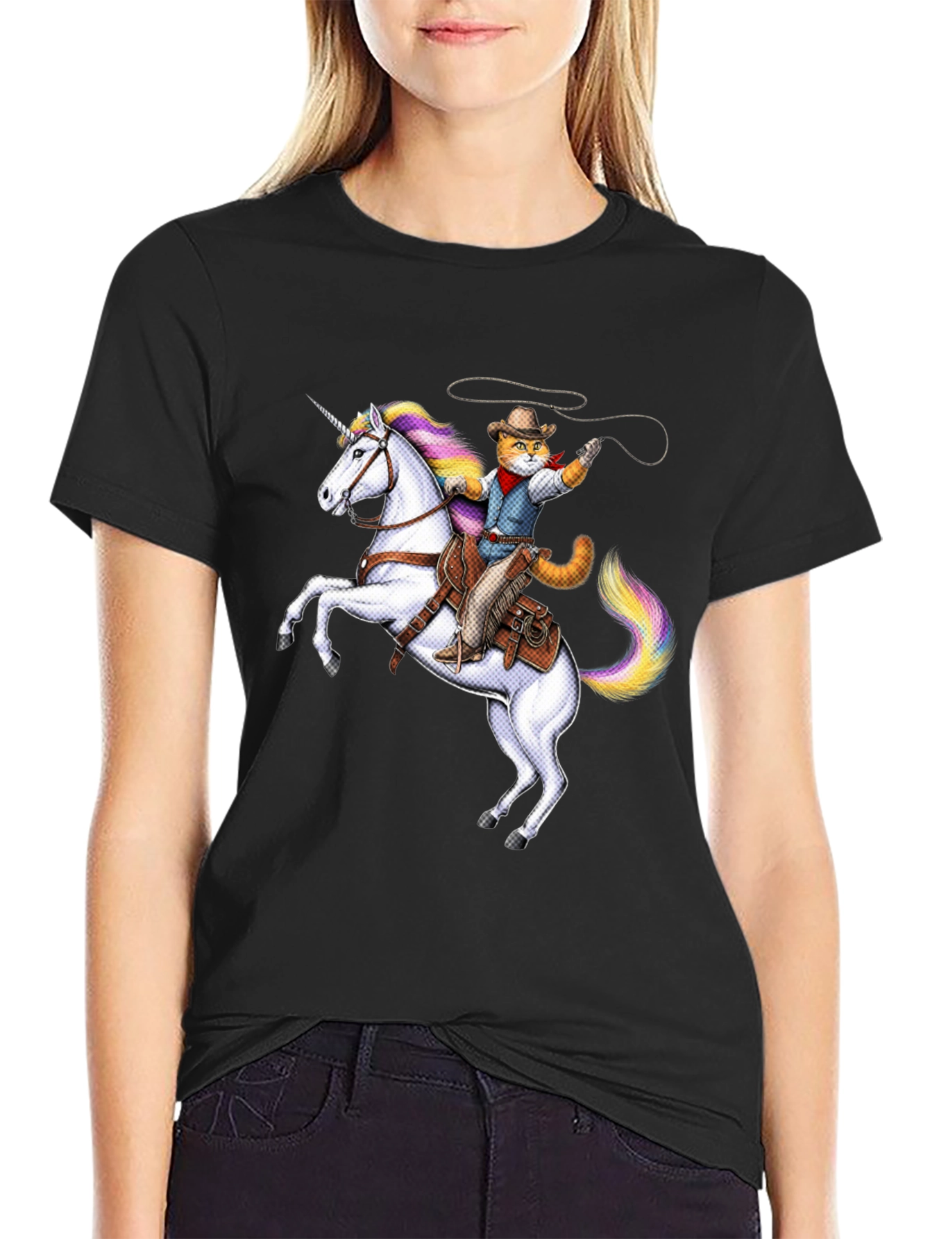 Cat Cowboy Riding Unicorn Black T-Shirt