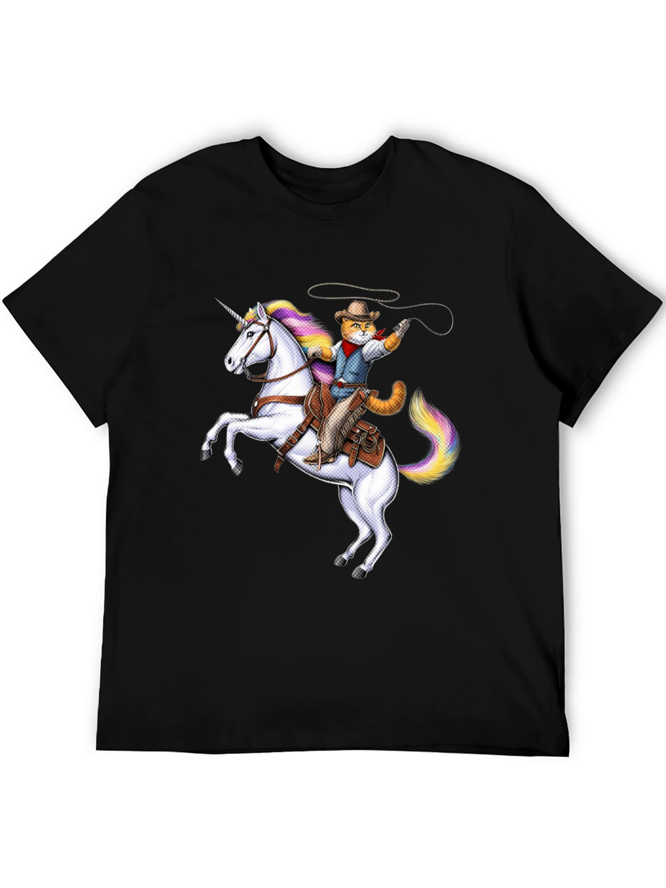Cat Cowboy Riding Unicorn Black T-Shirt