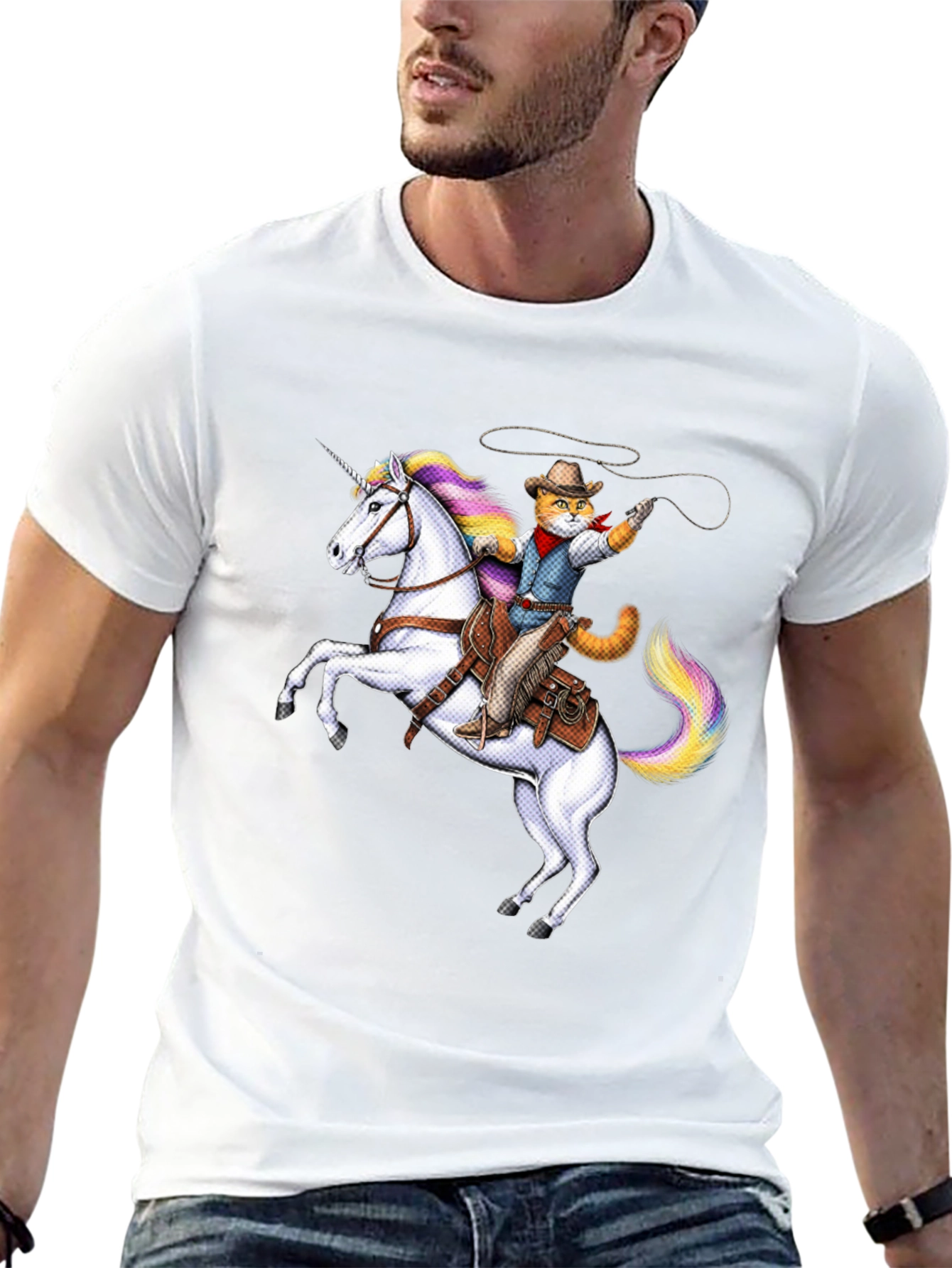 Cat Cowboy Riding Unicorn Black T-Shirt