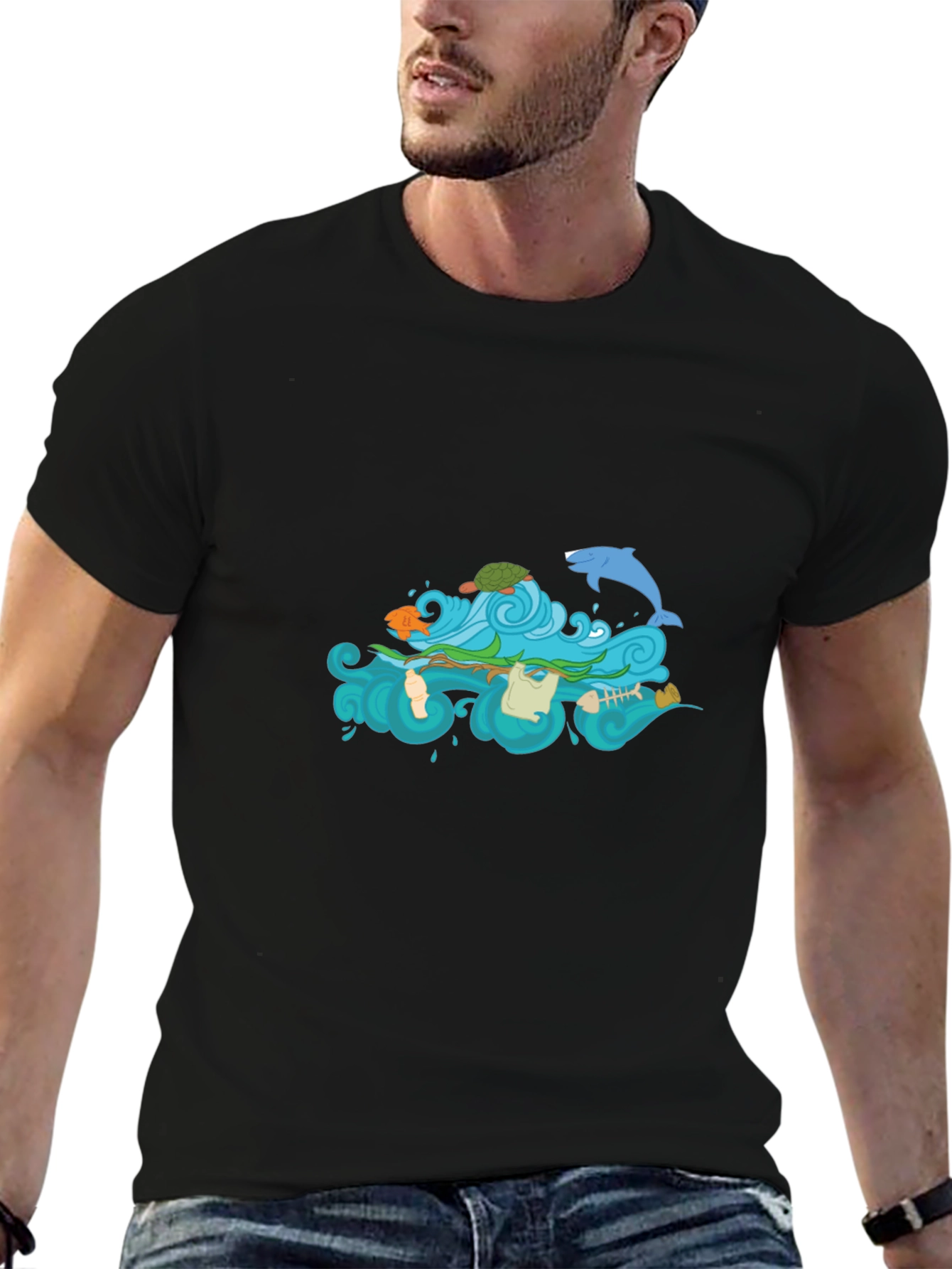 Black Tee with Ocean Pollution Graphic