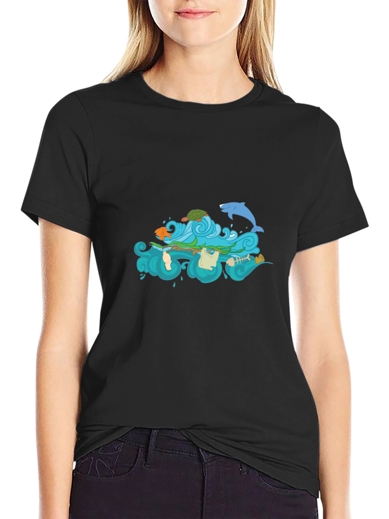 Black Tee with Ocean Pollution Graphic